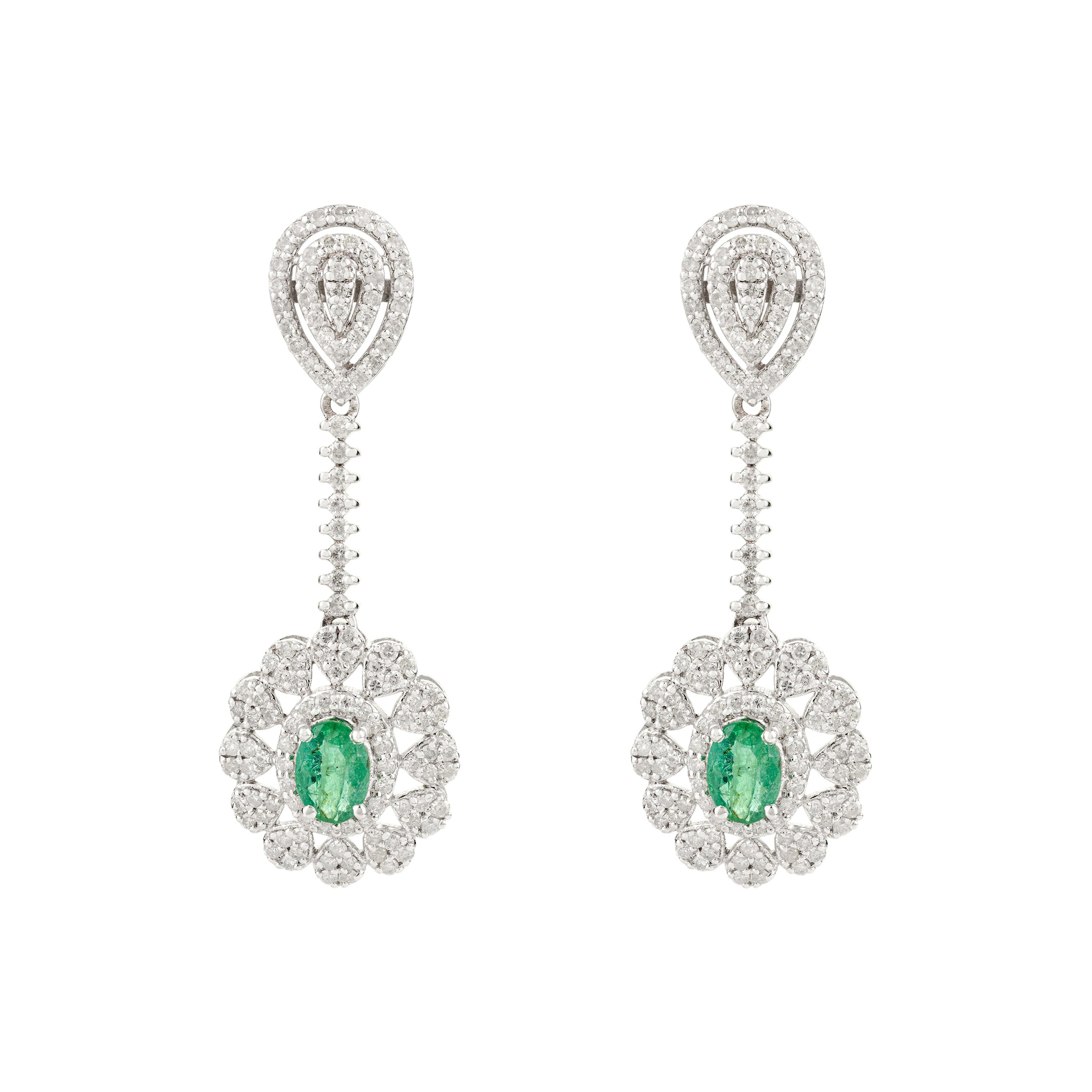 Handcrafted Emerald & Diamond Floral Dangle Earrings in 14k Gold Luxury Jewelry For Sale
