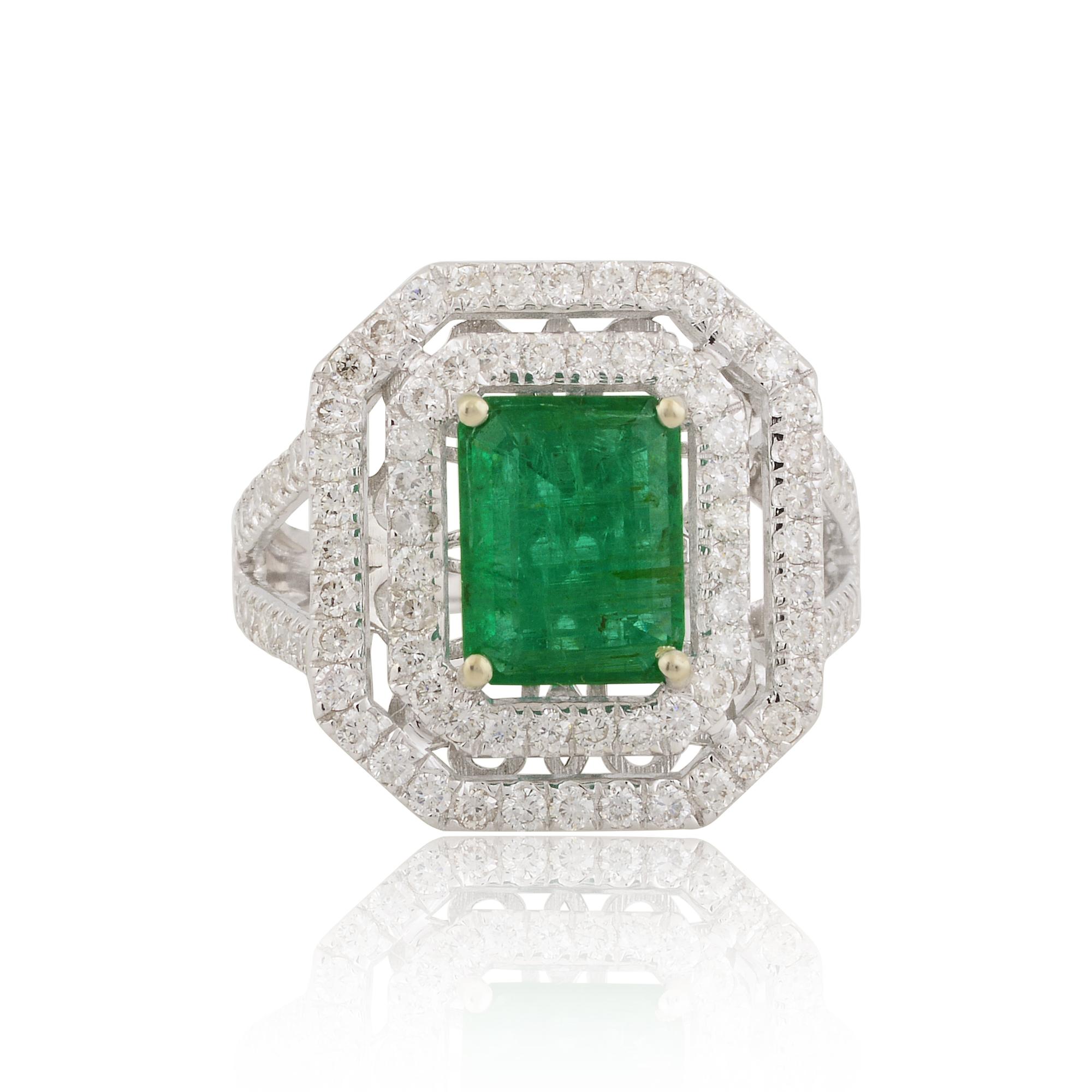 For Sale:  Handcrafted Emerald Double Halo Diamond Pave Cocktail Ring Gift 10k White Gold 3