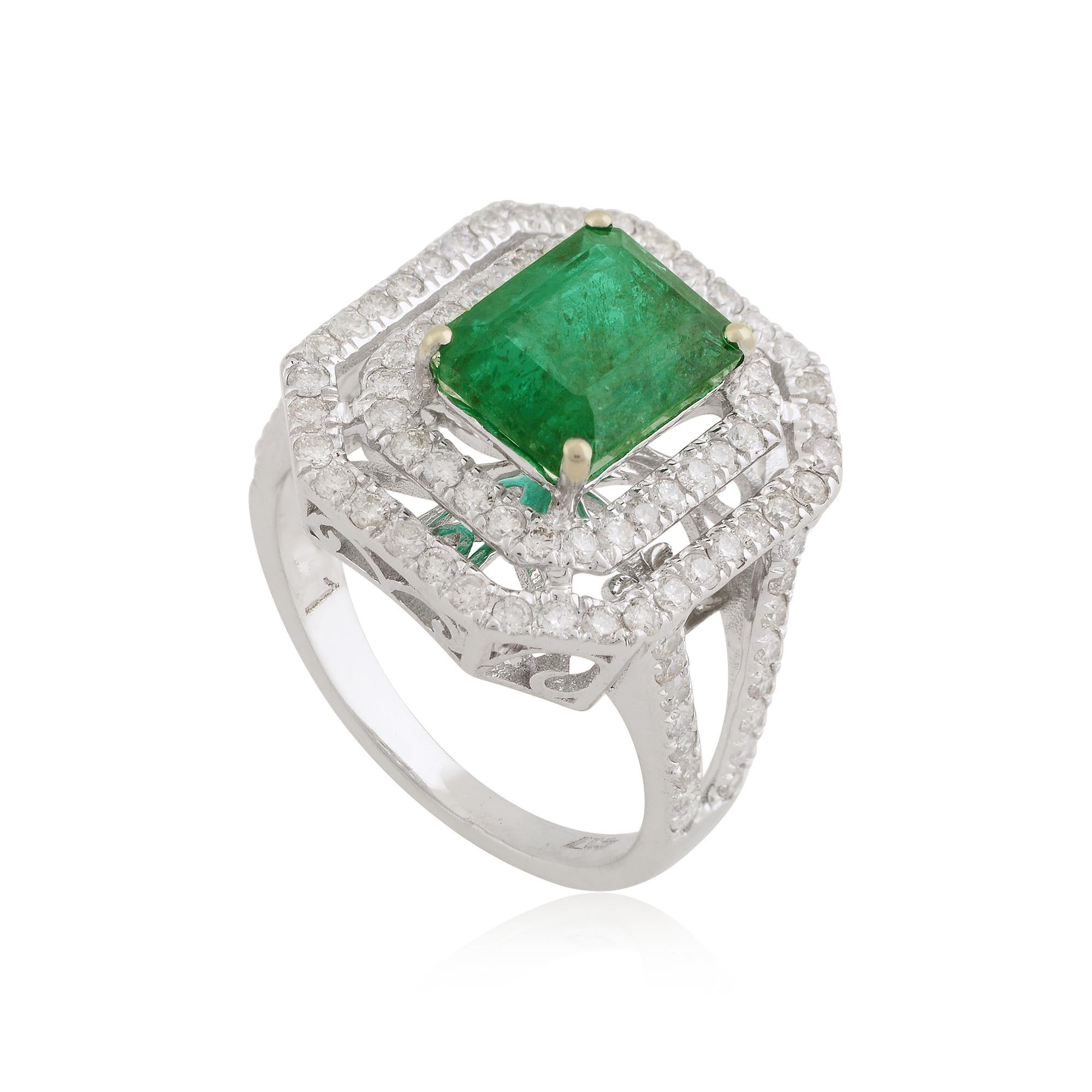 For Sale:  Handcrafted Emerald Double Halo Diamond Pave Cocktail Ring Gift 10k White Gold 5