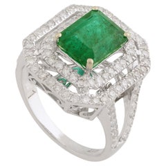 Handcrafted Emerald Double Halo Diamond Pave Cocktail Ring Gift 10k White Gold