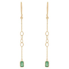 Handcrafted Emerald Drop Chain Earrings in 14K Yellow Gold with Fishhook Closure