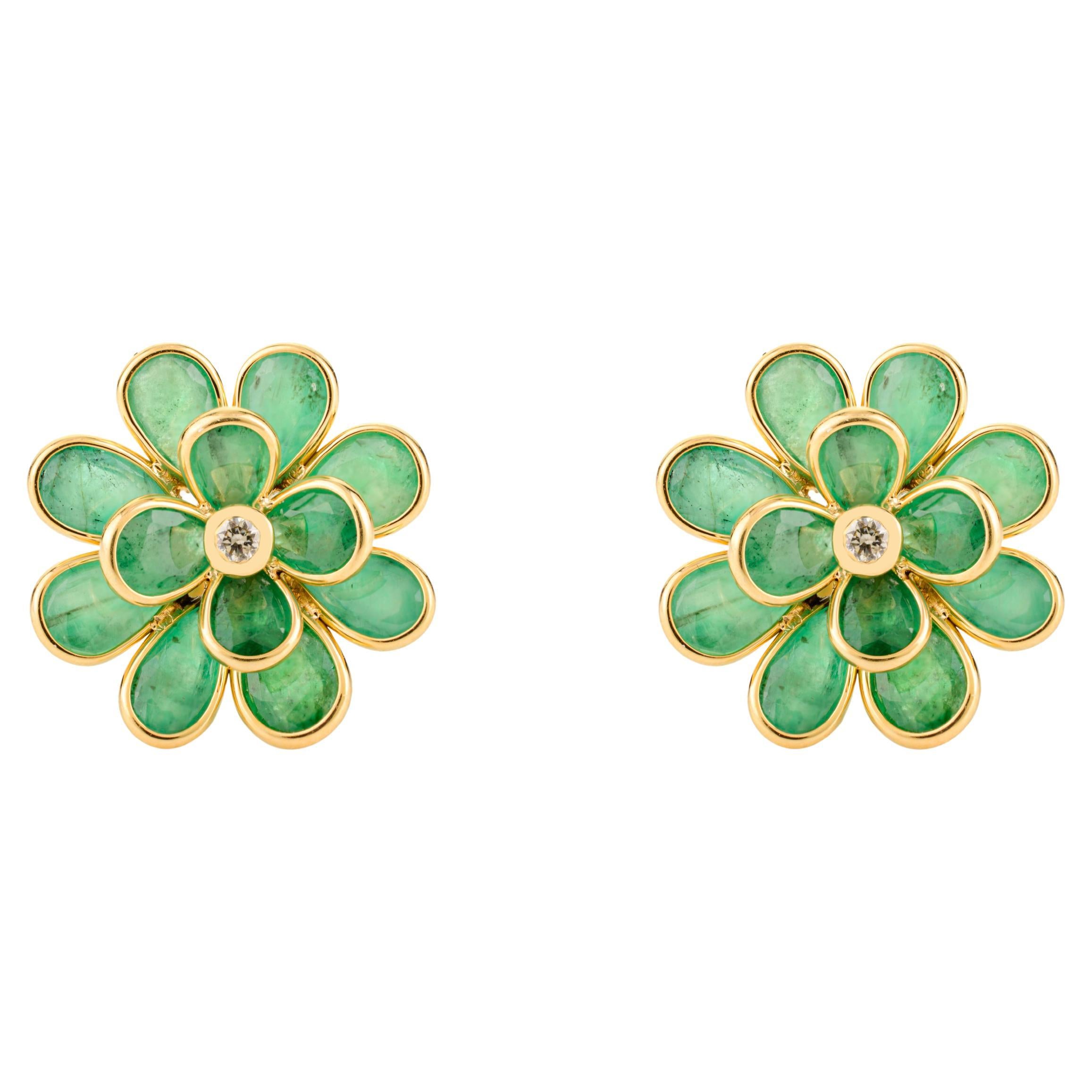 Handcrafted Emerald Floral Stud Earrings in 18K Yellow Gold with Diamond Center