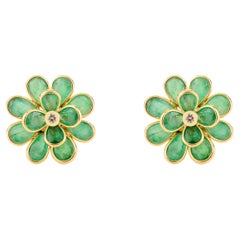 Handcrafted Emerald Floral Stud Earrings in 18K Yellow Gold with Diamond Center