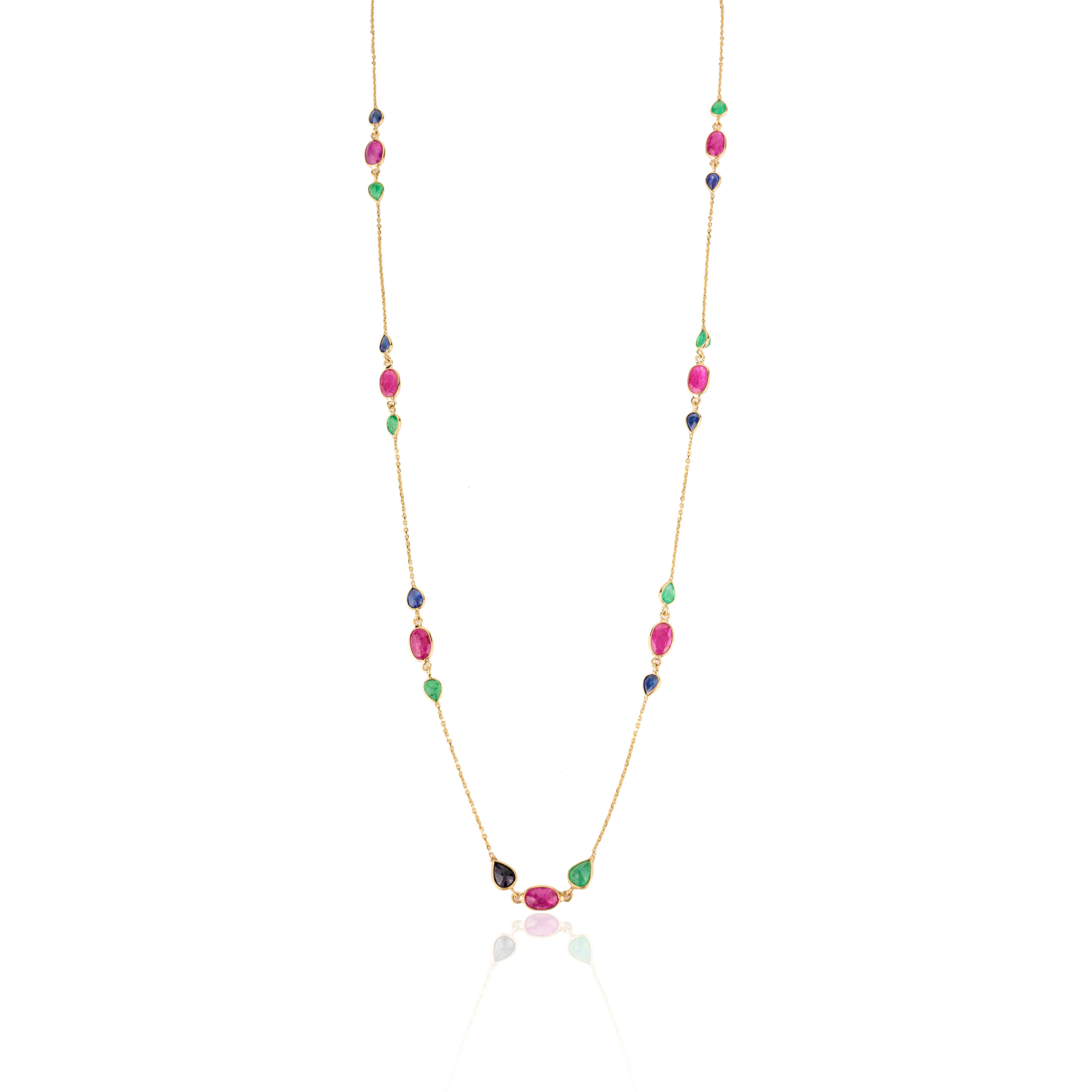 Handcrafted Emerald Ruby Sapphire Chain Necklace in 18k Yellow Gold For Mom For Sale 1