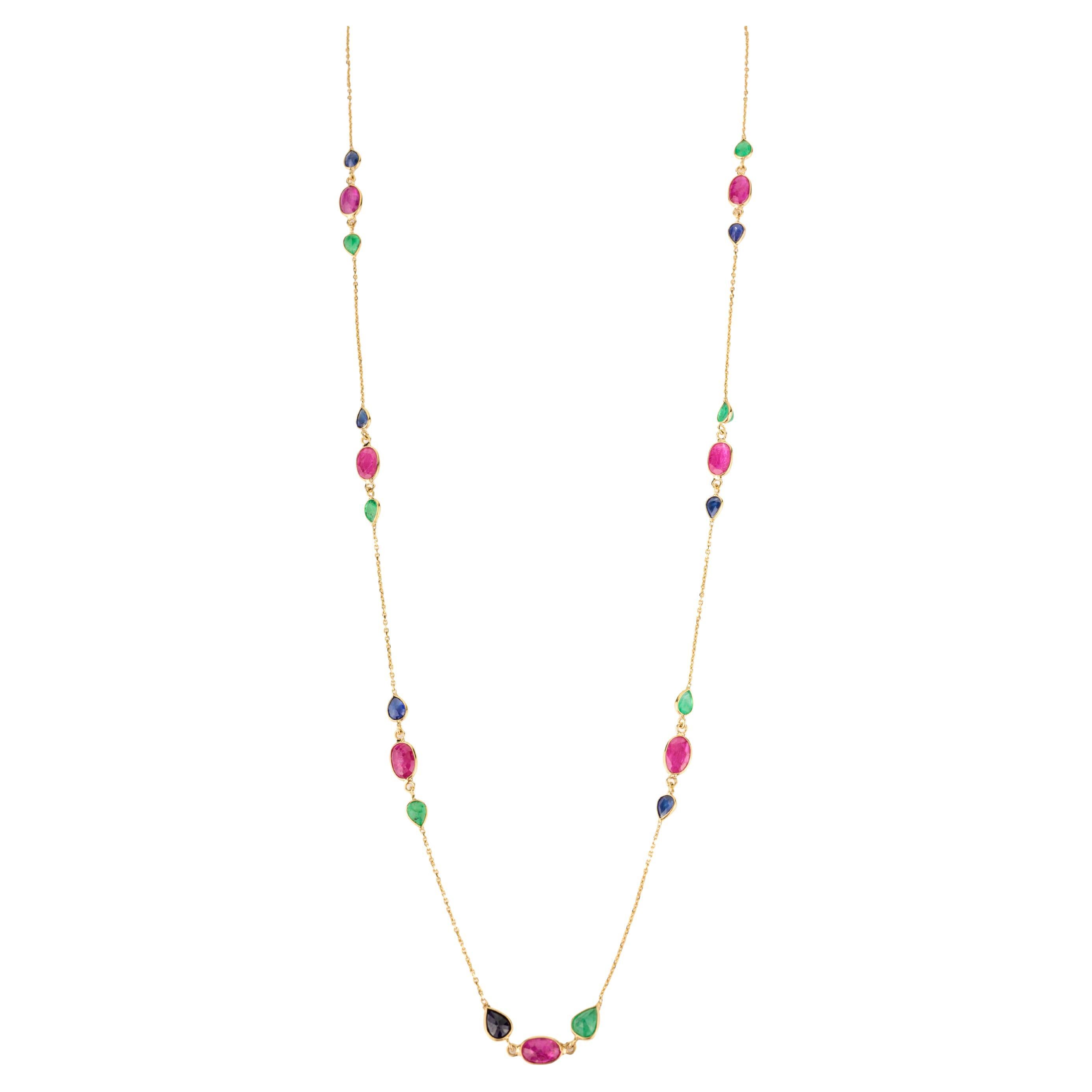 Handcrafted Emerald Ruby Sapphire Chain Necklace in 18k Yellow Gold For Mom For Sale