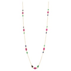 Handcrafted Emerald Ruby Sapphire Chain Necklace in 18k Yellow Gold For Mom