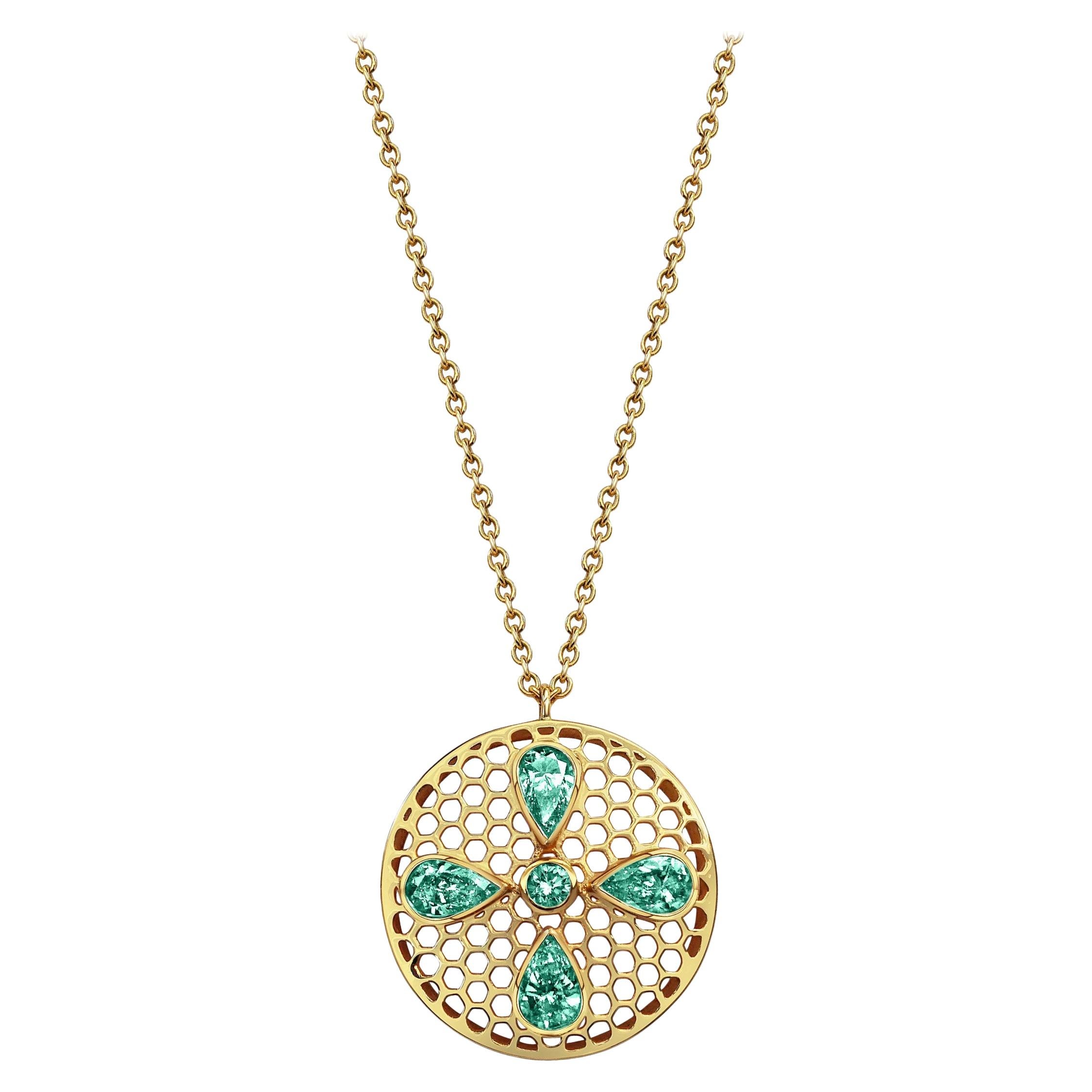 Handcrafted Emeralds and 18 Karat Yellow Gold Pendant Necklace For Sale