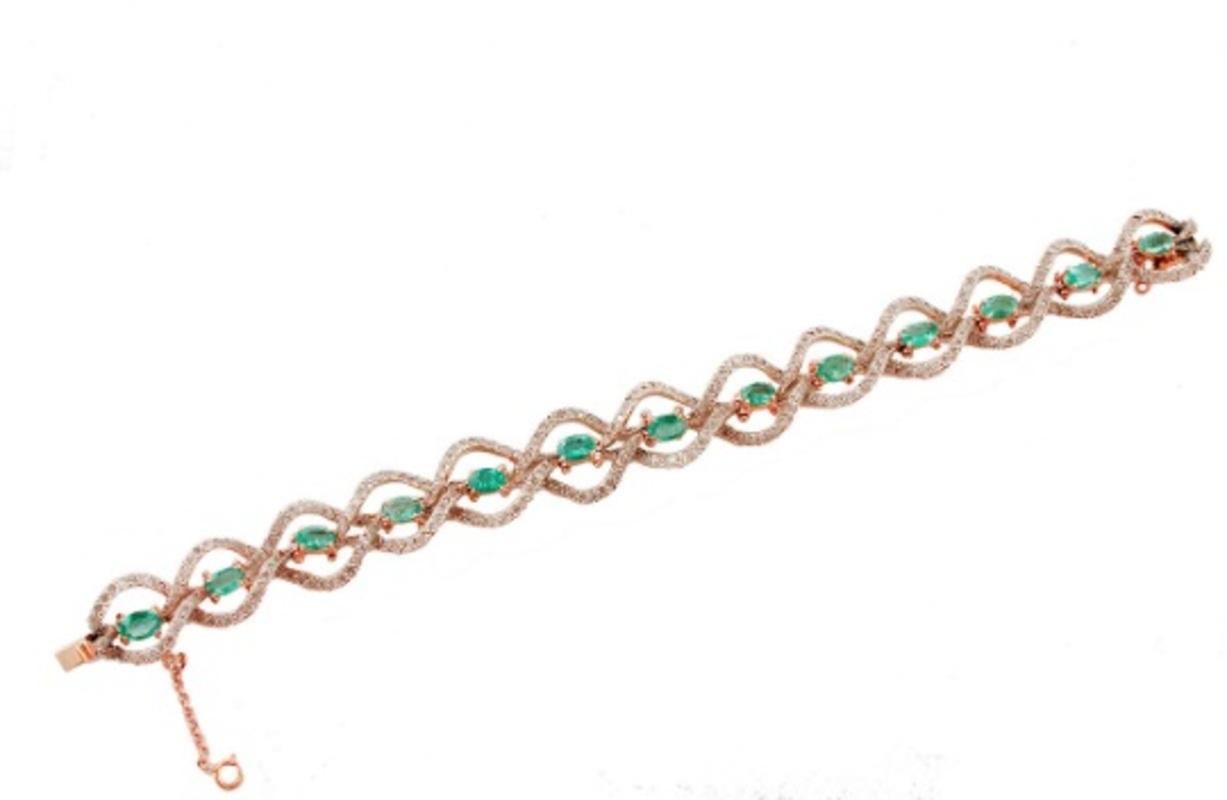 Mixed Cut Handcrafted Emeralds and Diamonds, 9 Karat Rose Gold and Silver Retro Bracelet