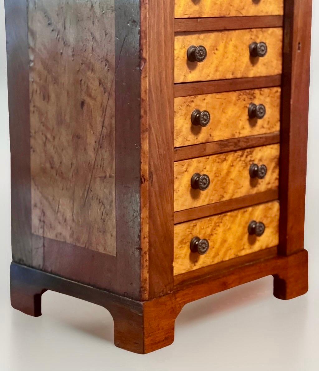 Handcrafted English Mahogany and Burl Maple Miniature Wellington Chest For Sale 4