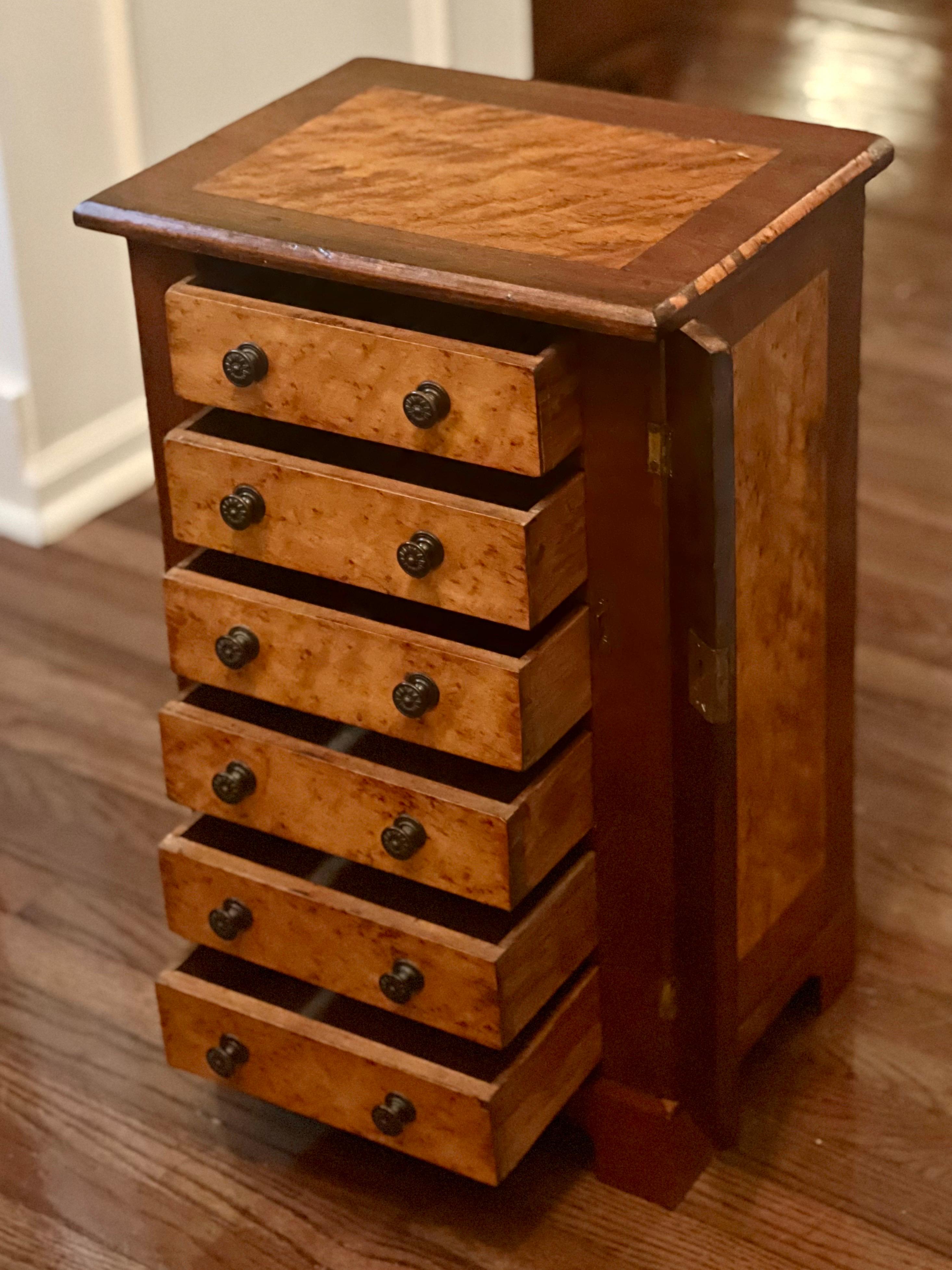 Handcrafted English Mahogany and Burl Maple Miniature Wellington Chest For Sale 9