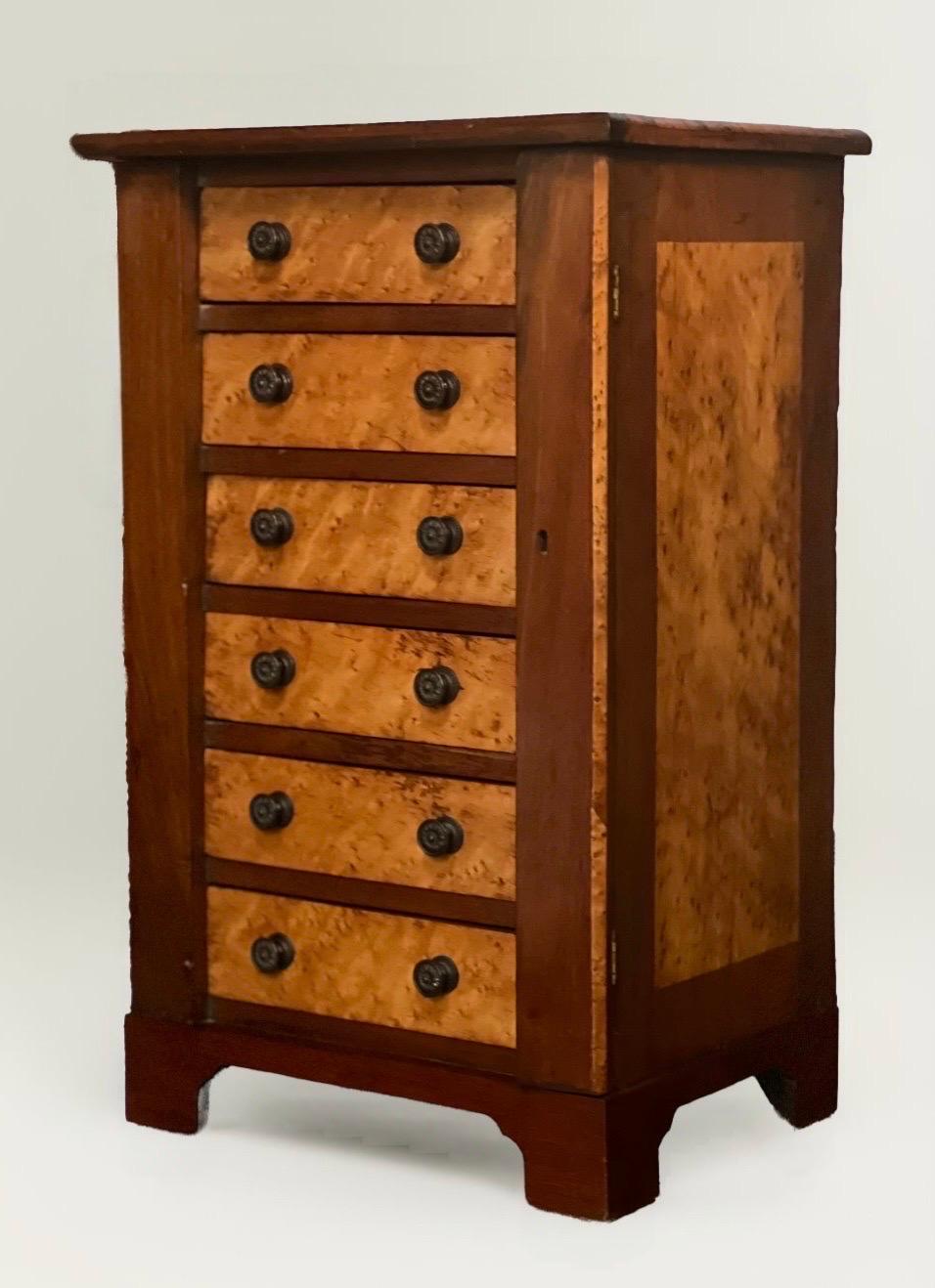 Hand-Crafted Handcrafted English Mahogany and Burl Maple Miniature Wellington Chest For Sale