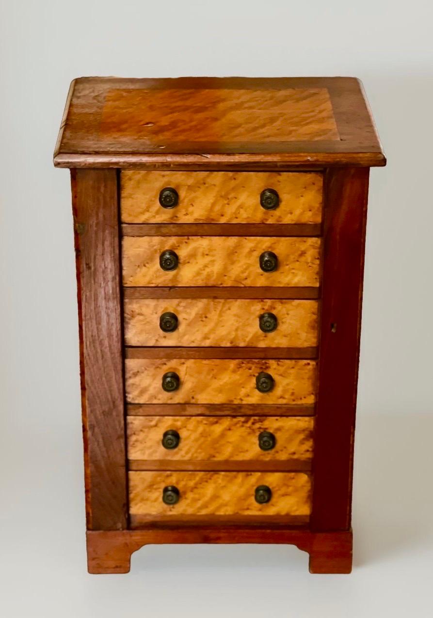 Handcrafted English Mahogany and Burl Maple Miniature Wellington Chest In Good Condition For Sale In Doylestown, PA