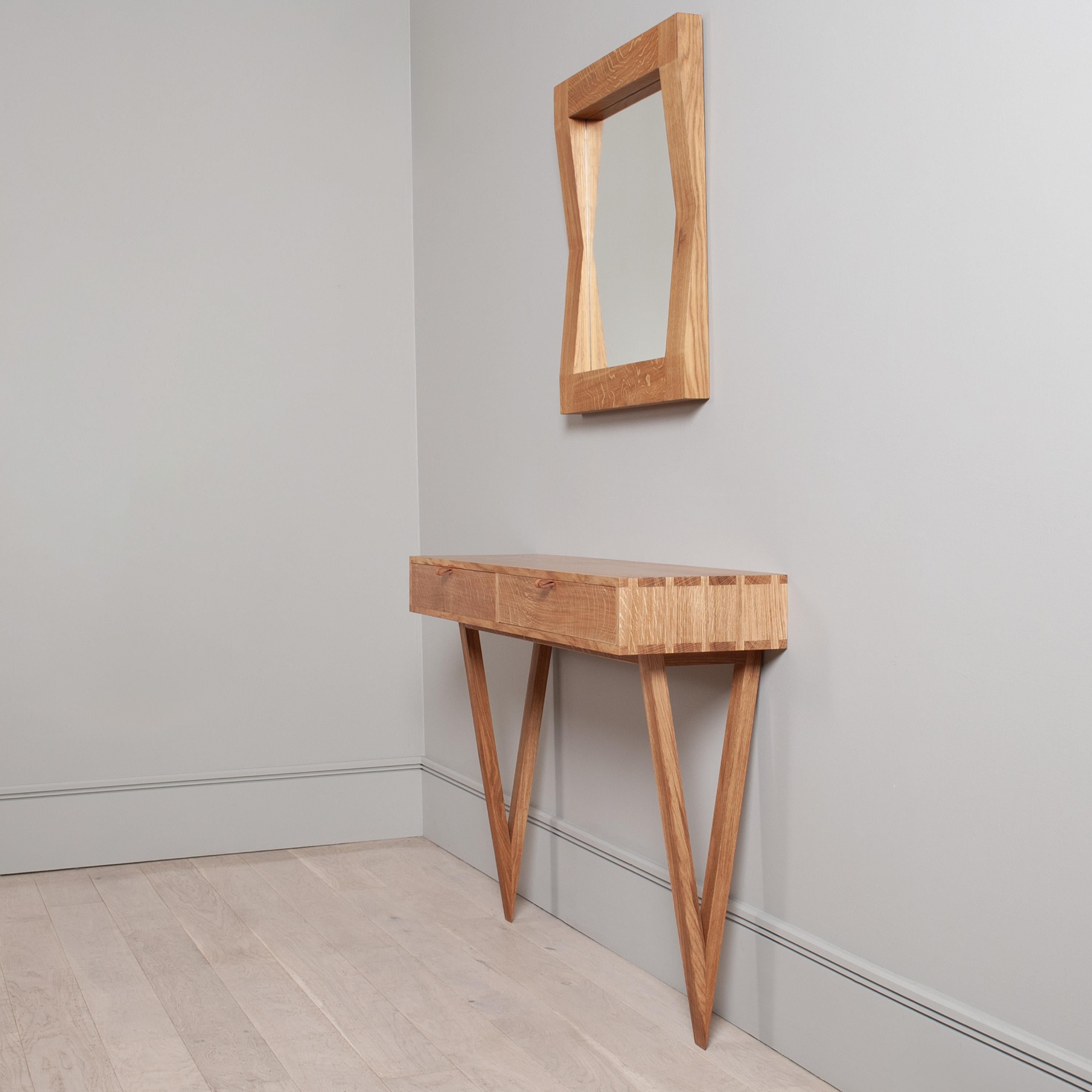 Hand-Crafted Handcrafted English Oak Console Table With Drawers & Mirror For Sale