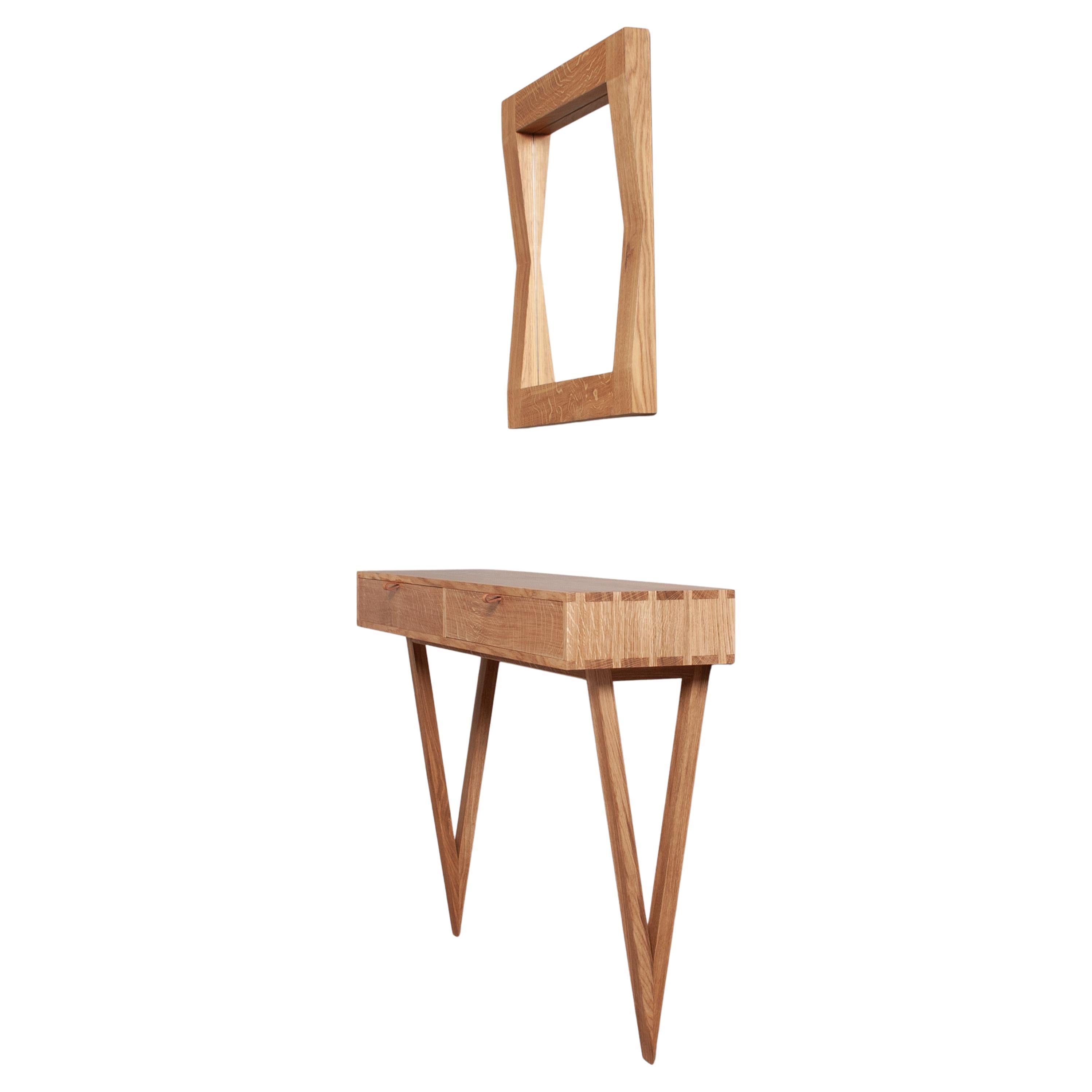 Handcrafted English Oak Console Table With Drawers & Mirror