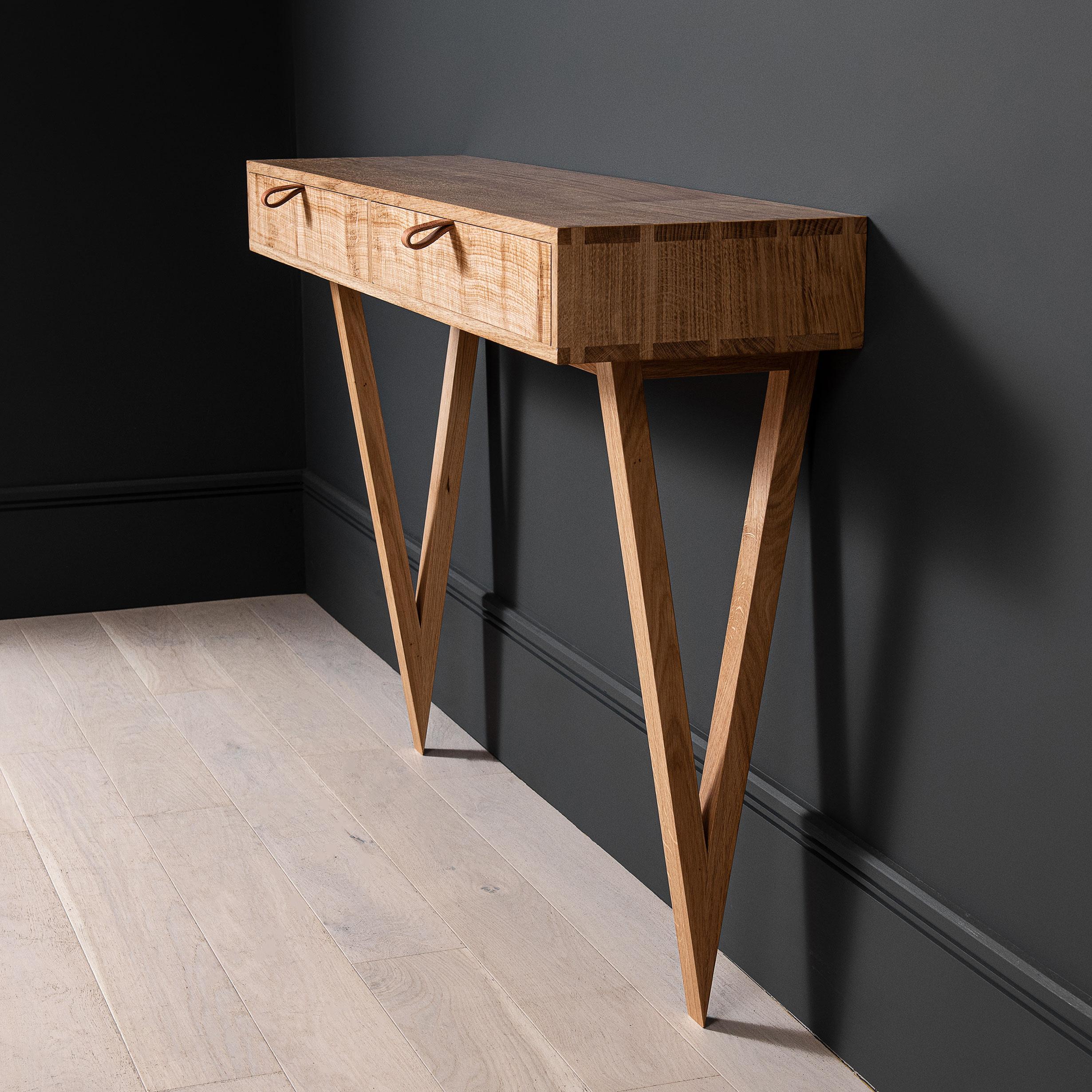 Modern Handcrafted English Oak Entry Table Drawers For Sale