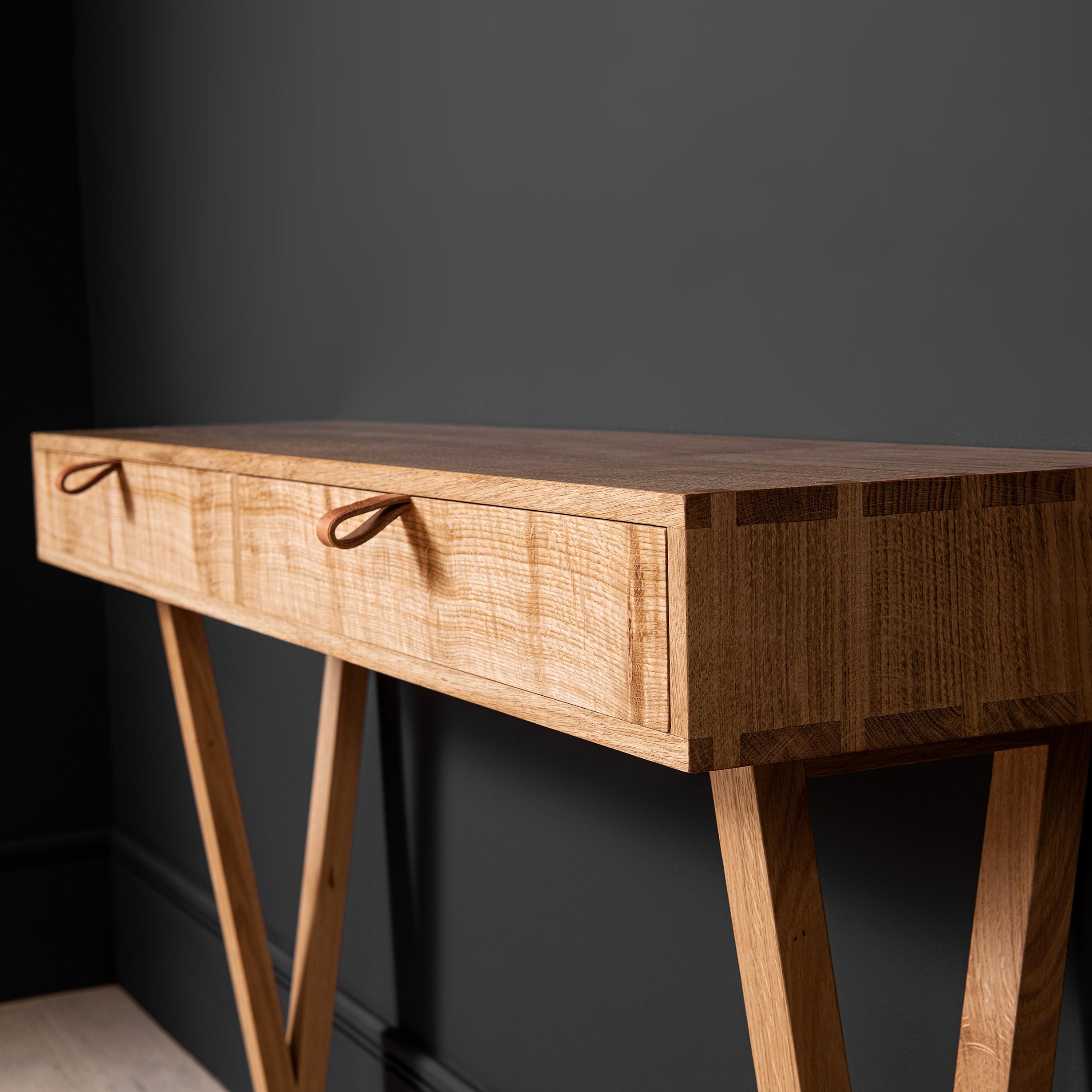 Contemporary Handcrafted English Oak Entry Table Drawers For Sale
