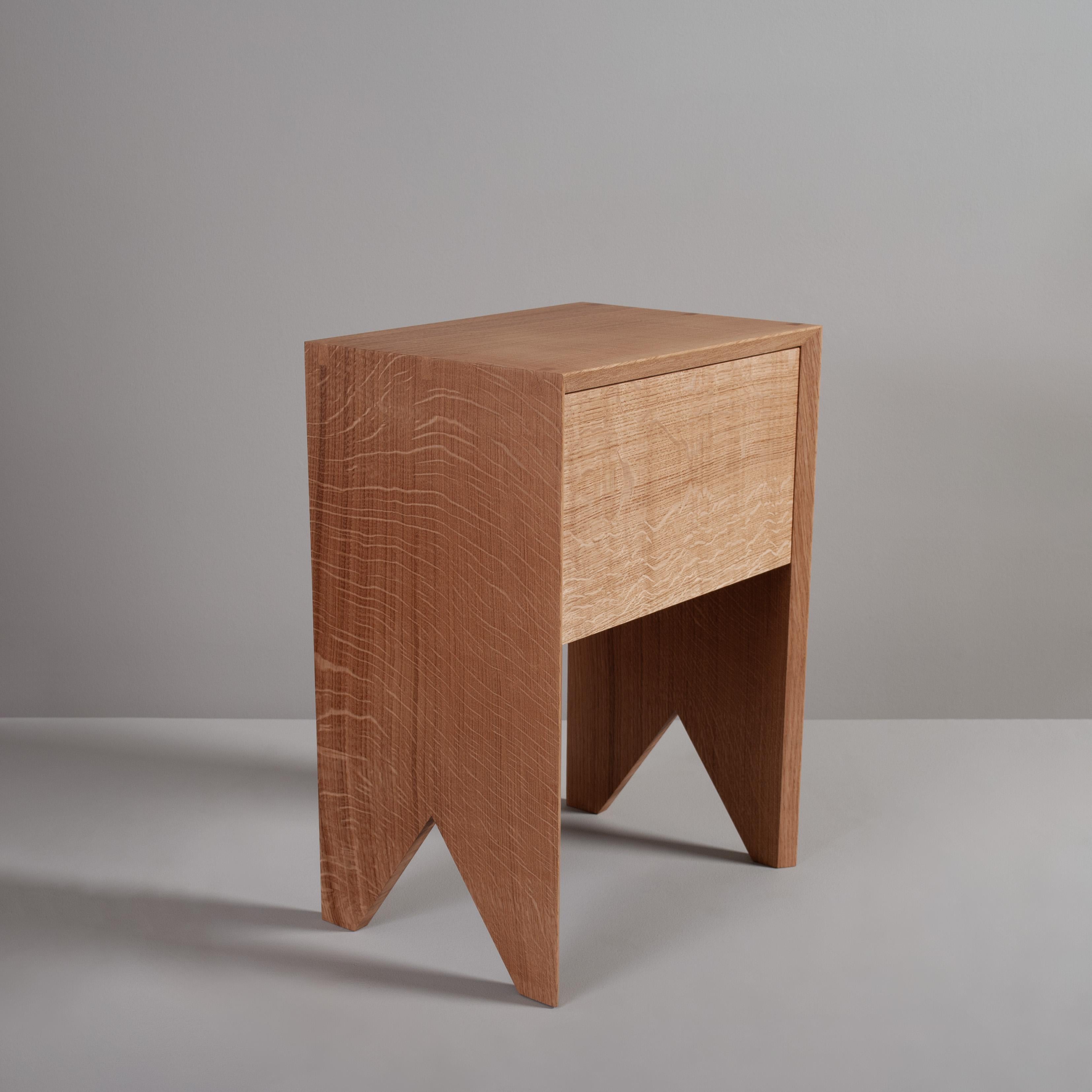 Our contemporary hand-crafted English quartersawn Oak night stand tables with storage drawer. 
Designed with precise minimalism in mind - whilst highlighting the handmade construction details with exposed mitred key dovetail jointing. The strict