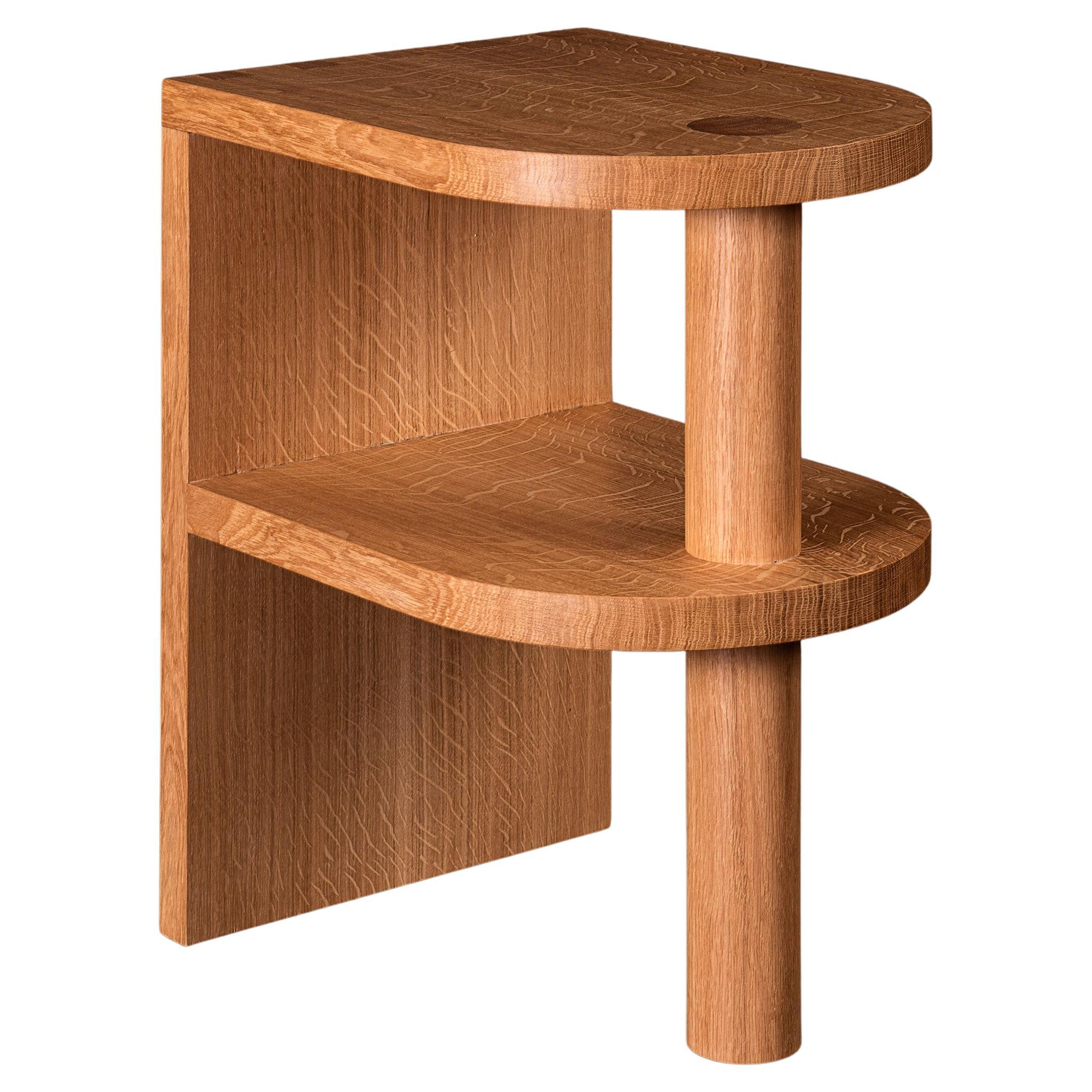A Larger and adapted version of our architectural postmodern oak pillar nightstands or end tables. Designed and handcrafted in England using traditional woodwork techniques with the most beautiful and finest English quartersawn oak. Hand-cut large