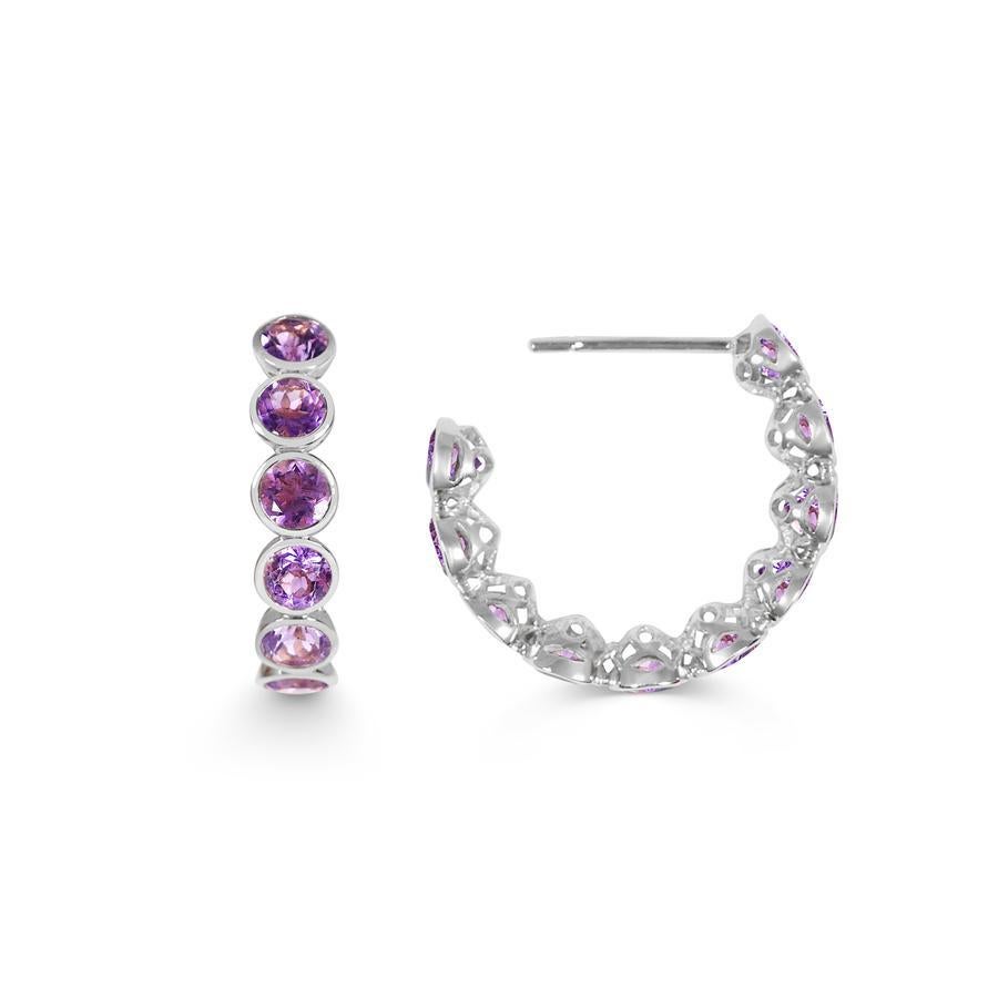 Handcrafted Eternity Hoop Earrings in Amethyst and 18 Karat White Gold. Our twist on the Eternity rings - representing everlasting love. Our Eternity hoops are a Romantic statement set in our signature hand pierced lace.

Once considered of equal