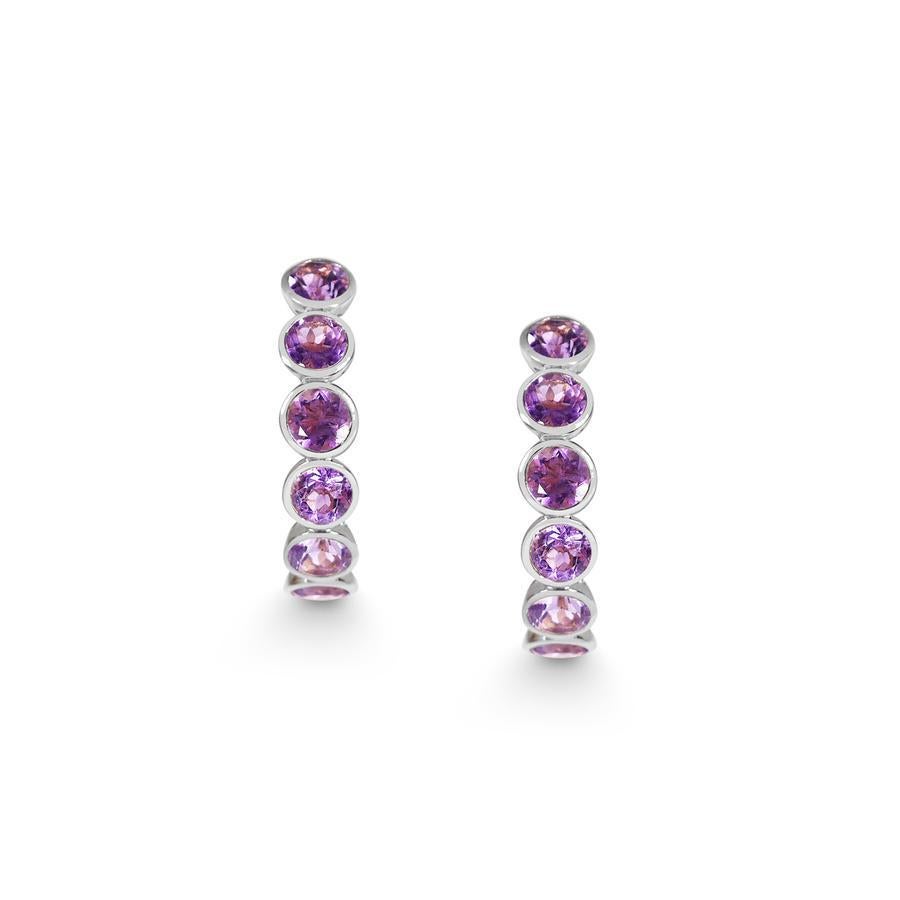 Round Cut Handcrafted Eternity Hoop Earrings in Amethyst and 18 Karat White Gold  For Sale