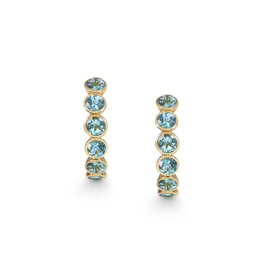 Eternity Creolen aus Aquamarin und 18 Karat Gelbgold, handgefertigt (Rundschliff) im Angebot