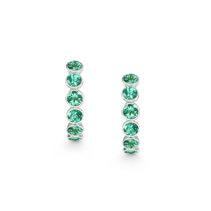 Round Cut Handcrafted Eternity Hoop Earrings in Emerald and 18 Karat White Gold For Sale