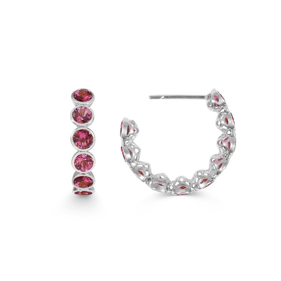 Handcrafted Eternity Hoop Earrings in Pink Tourmaline and 18 Karat White Gold. Our twist on the Eternity rings - representing everlasting love. Our Eternity hoops are a Romantic statement set in our signature hand pierced lace.

Tourmalines are