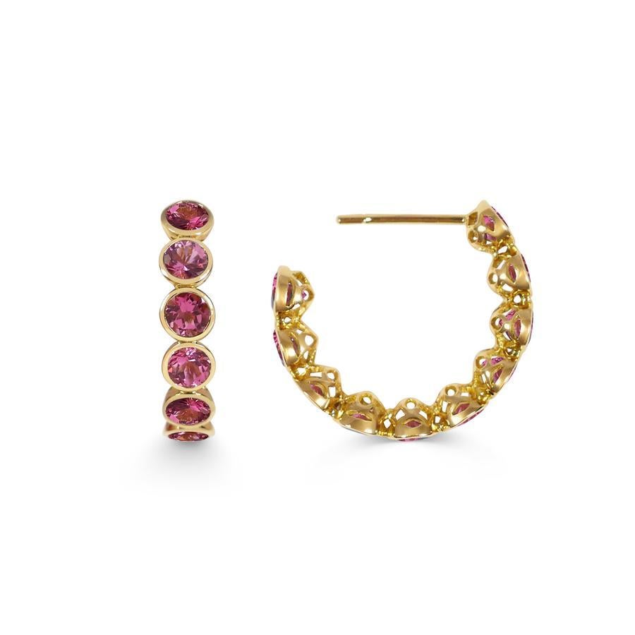 Handcrafted Eternity Hoop Earrings in Pink Tourmaline and 18 Karat Yellow Gold. Our twist on the Eternity rings - representing everlasting love. Our Eternity hoops are a Romantic statement set in our signature hand pierced lace.

Tourmalines are