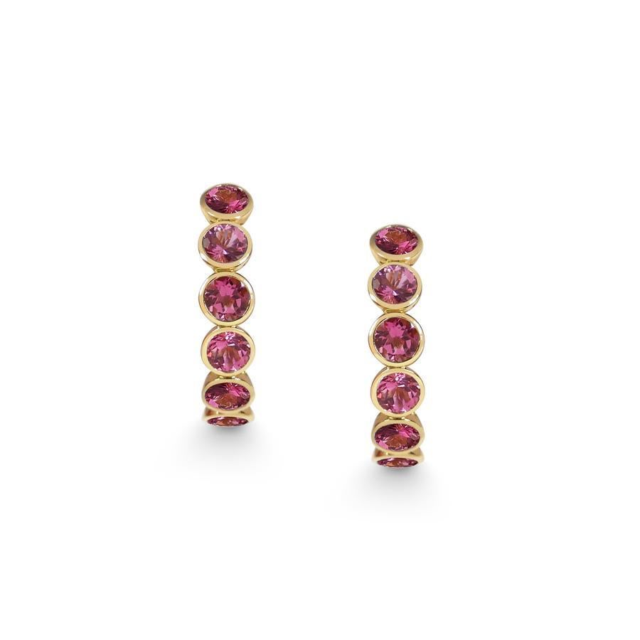 Round Cut Handcrafted Eternity Hoop Earrings in Pink Tourmaline and 18 Karat Yellow Gold  For Sale