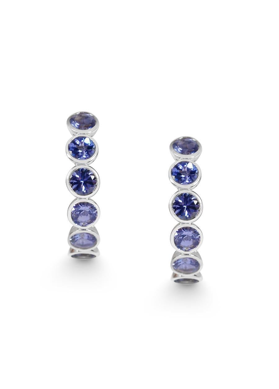 Round Cut Handcrafted Eternity Hoop Earrings in Tanzanite and 18 Karat White Gold  For Sale