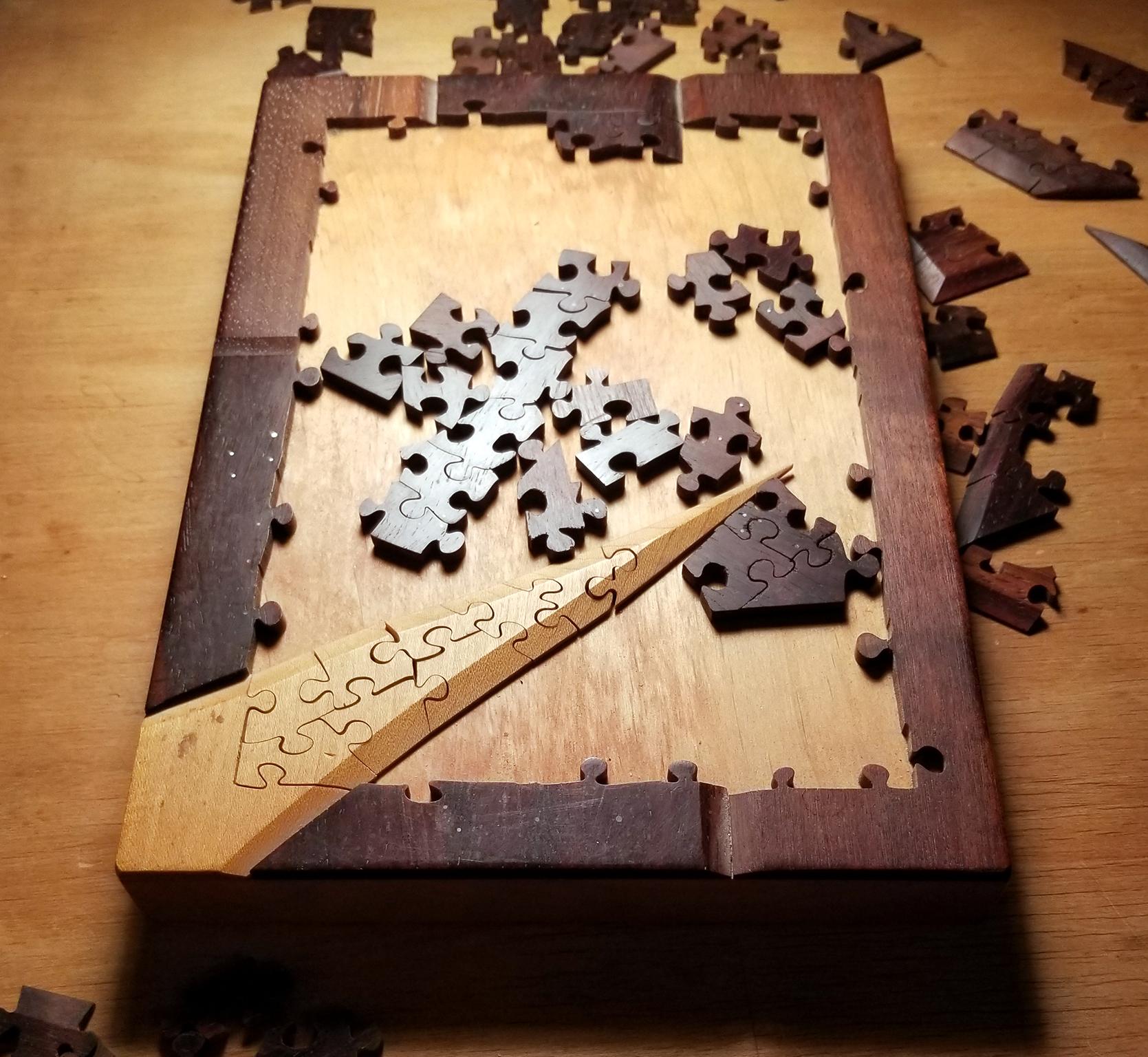 American Handcrafted Exotic Wood and Silver Jigsaw Puzzle