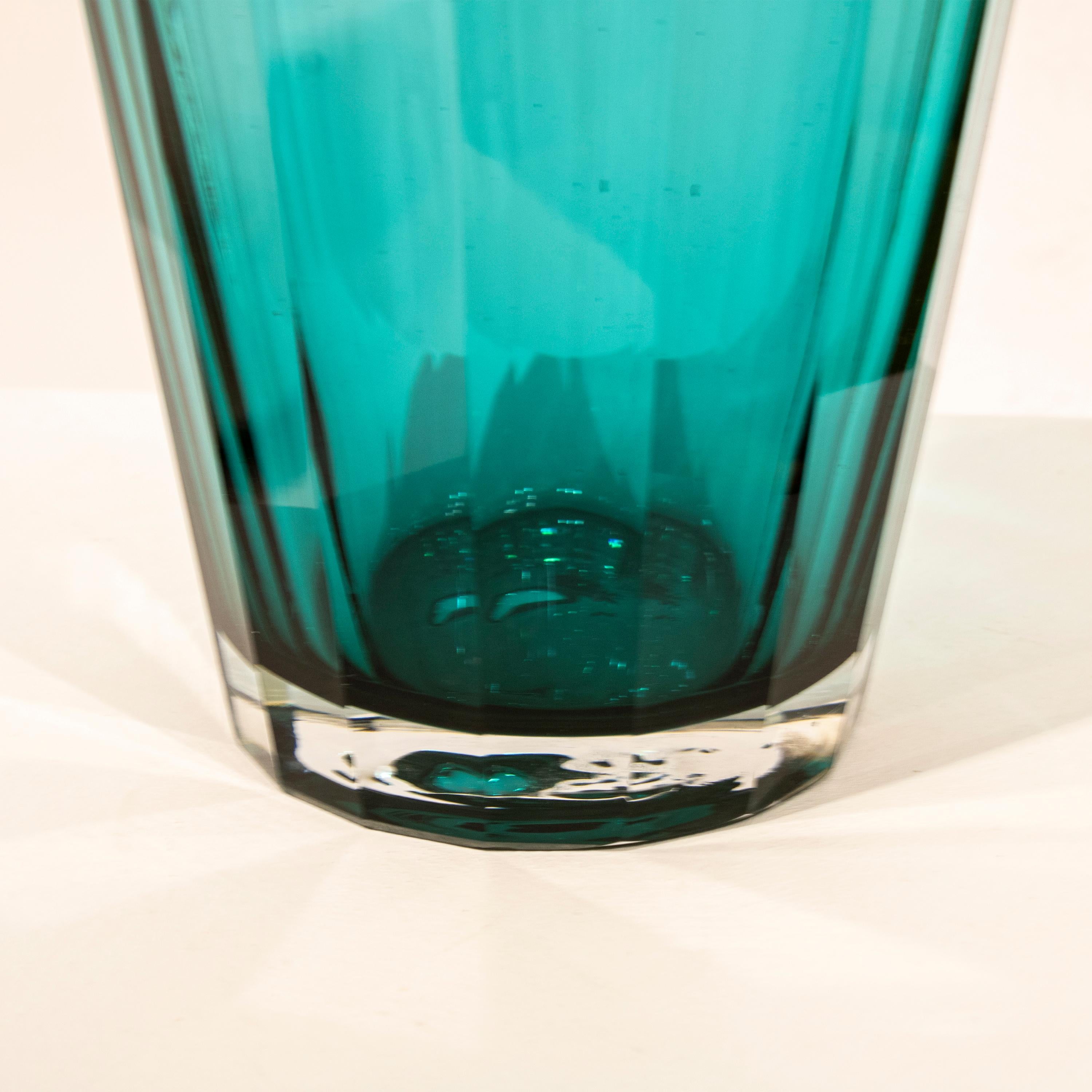 Hand-Crafted Handcrafted Faceted Semi Transparent Blue Color Glass Vase, Italy, 2024 For Sale