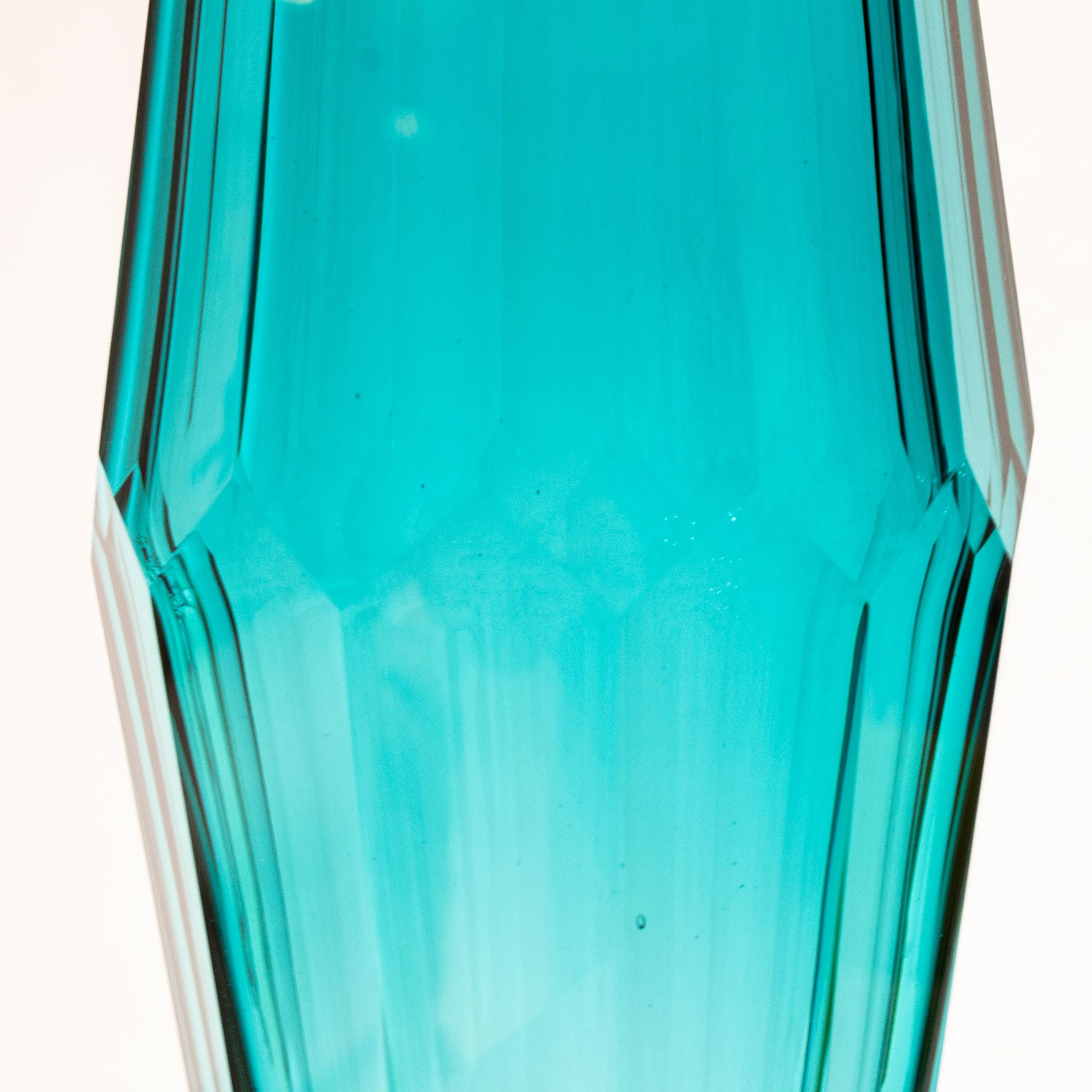 Contemporary Handcrafted Faceted Semi Transparent Blue Color Glass Vase, Italy, 2024 For Sale