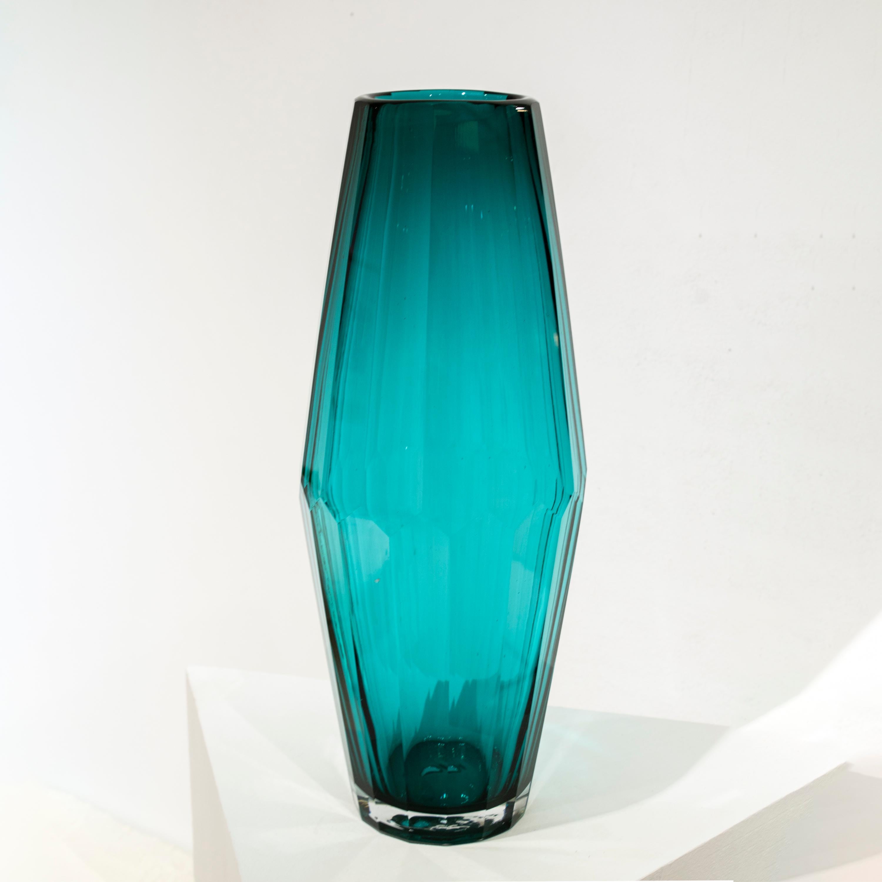 Handcrafted Faceted Semi Transparent Blue Color Glass Vase, Italy, 2024 For Sale 2