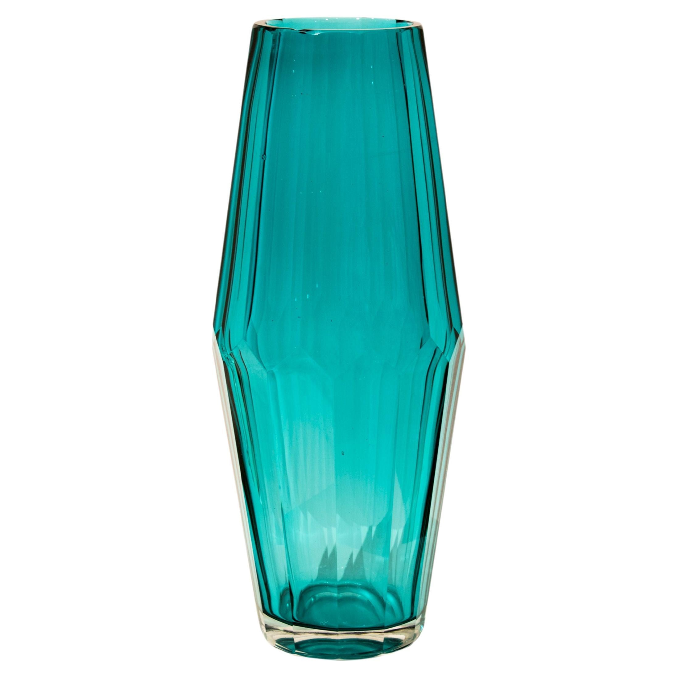 Handcrafted Faceted Semi Transparent Blue Color Glass Vase, Italy, 2024 For Sale