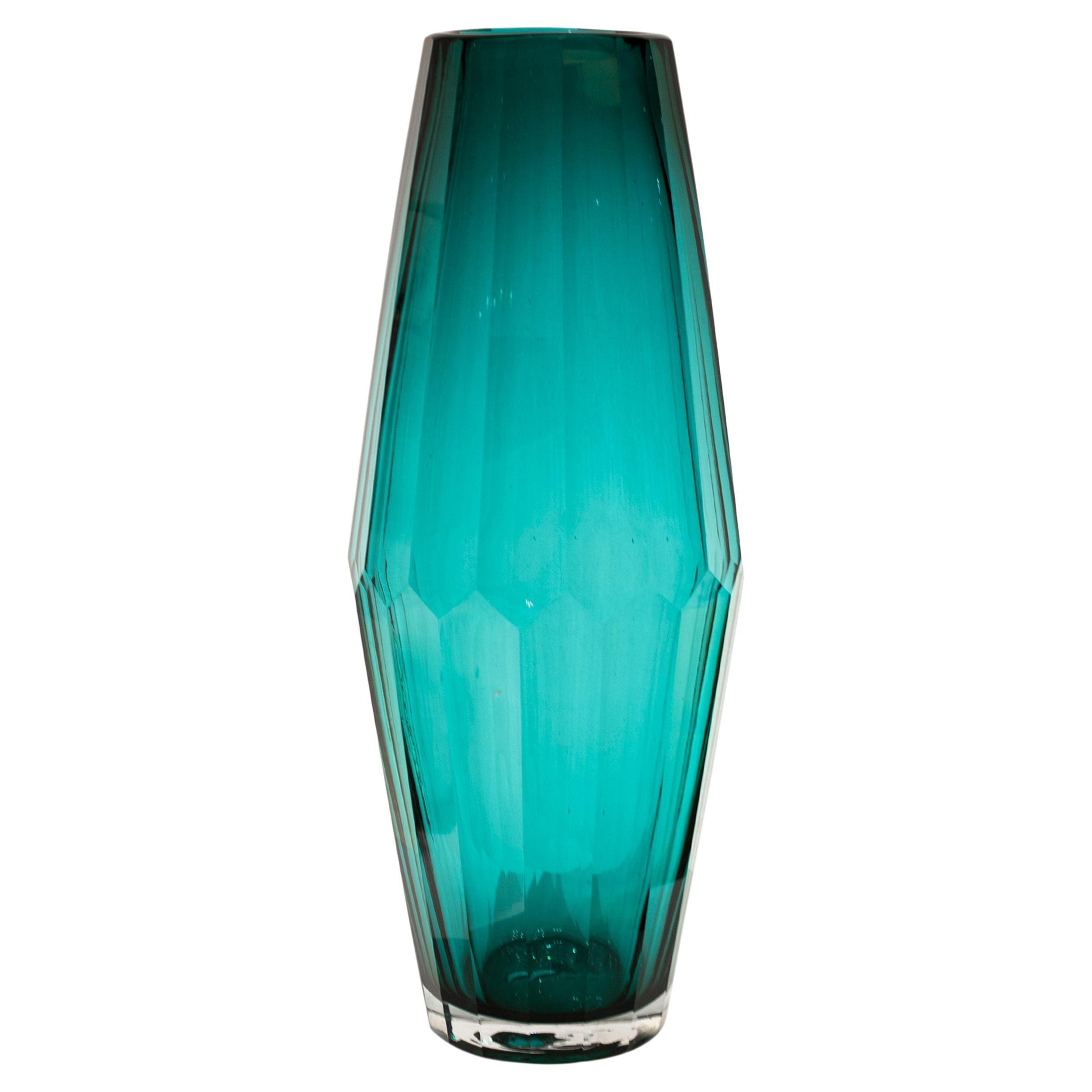 Handcrafted Faceted Semi Transparent Blue Color Glass Vase, Italy, 2024