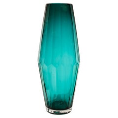 Handcrafted Faceted Semi Transparent Blue Color Glass Vase, Italy, 2024