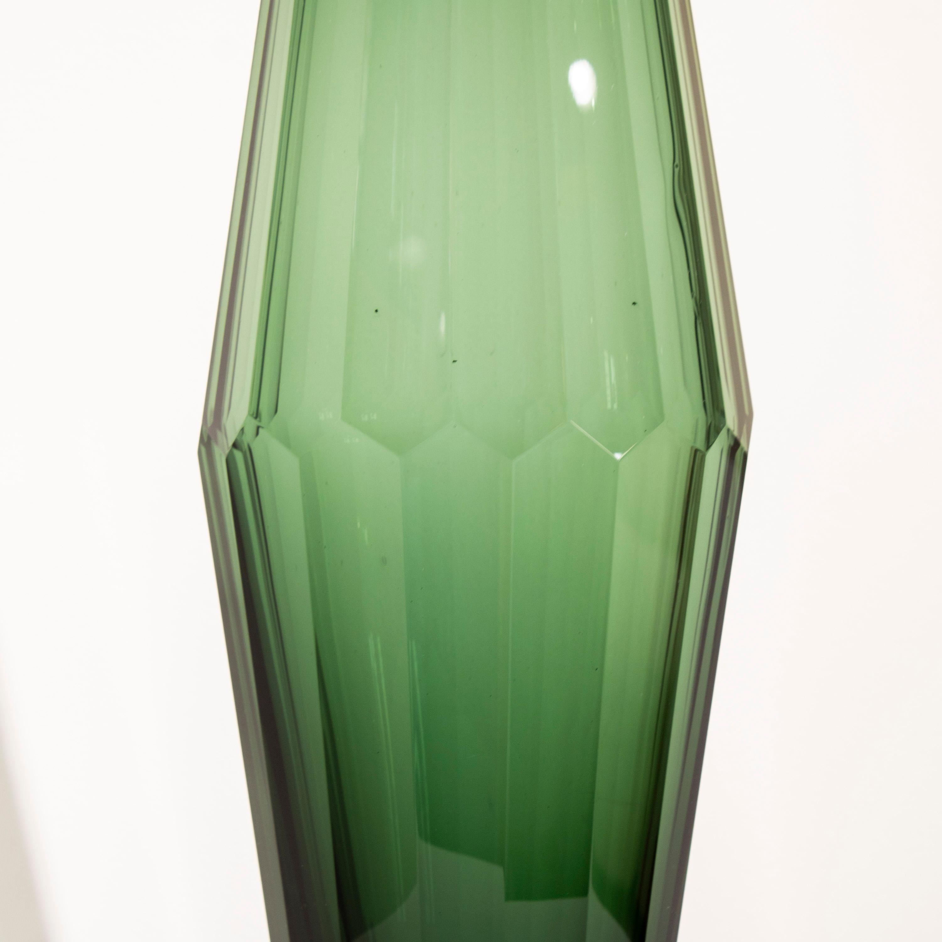Italian Handcrafted Faceted Semi Transparent Green Color Glass Vase, Italy, 2024 For Sale