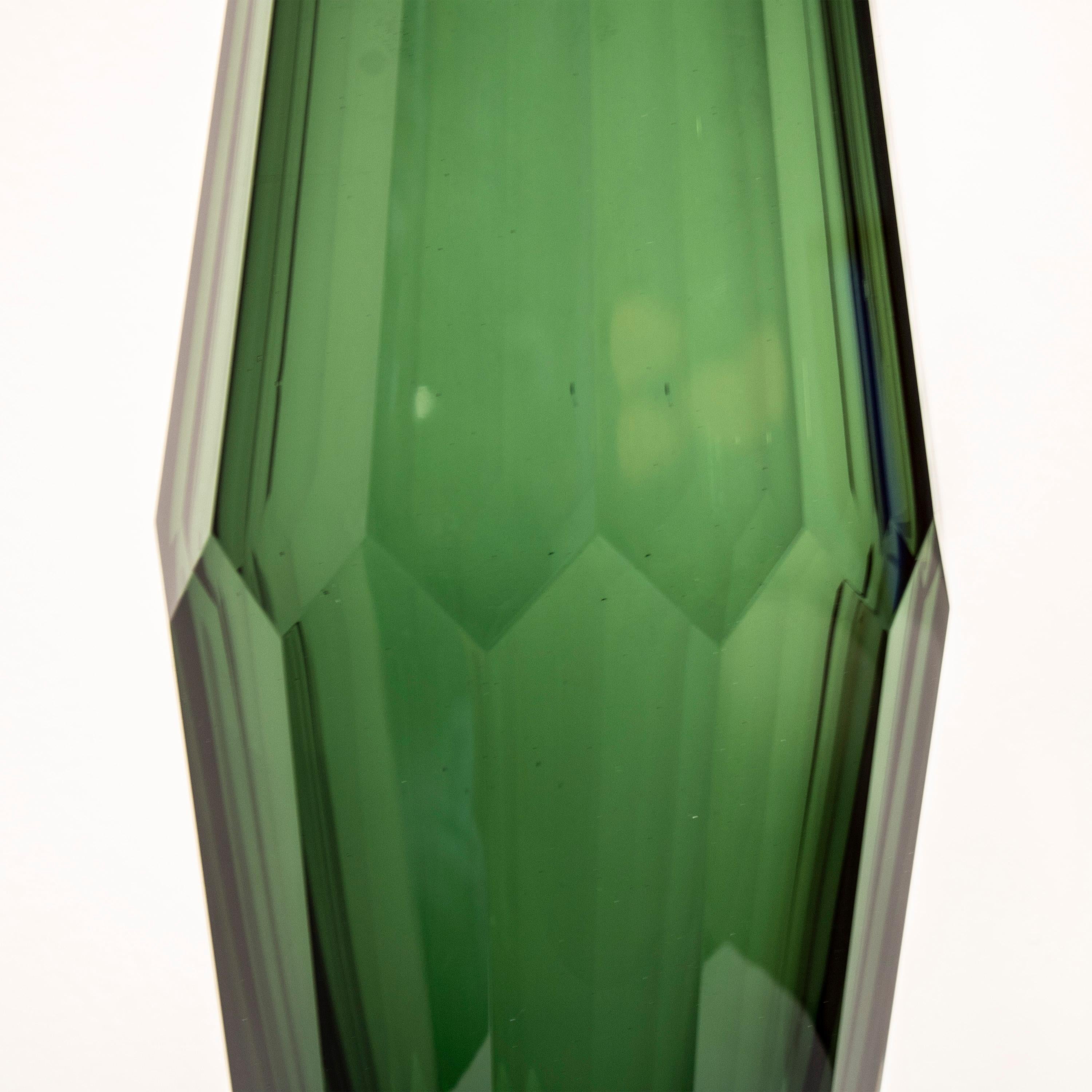 Hand-Crafted Handcrafted Faceted Semi Transparent Green Color Glass Vase, Italy, 2024 For Sale
