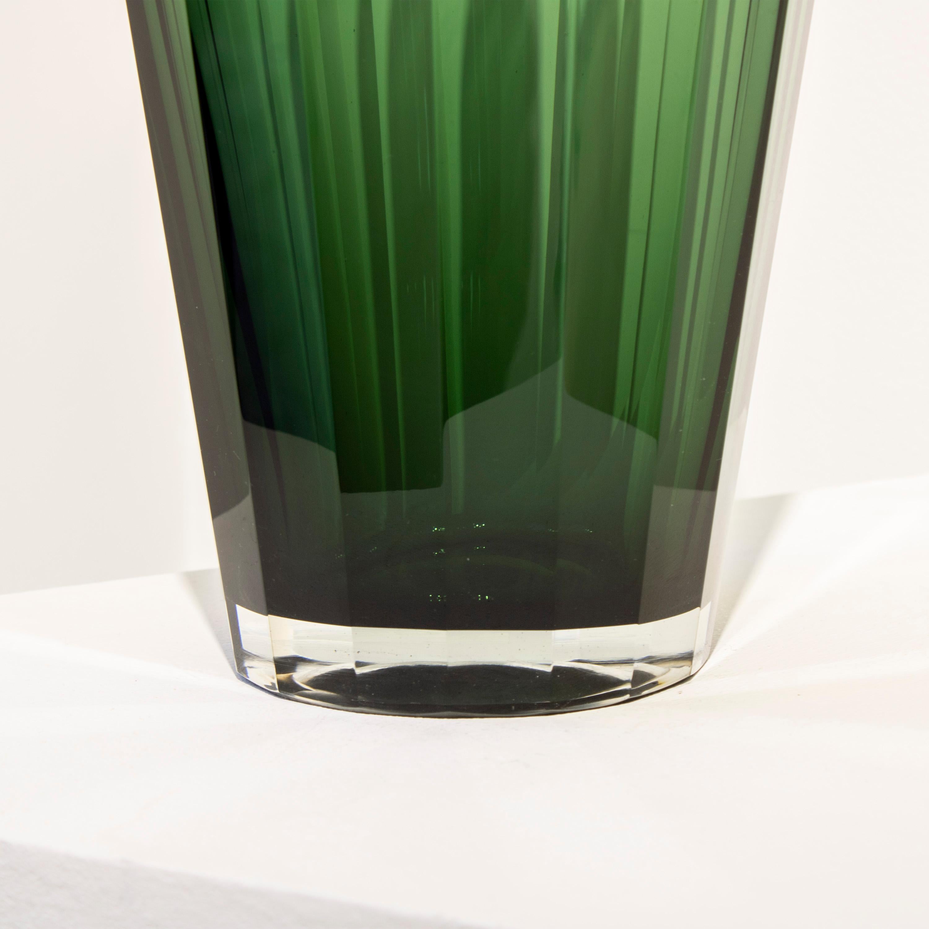 Hand-Crafted Handcrafted Faceted Semi Transparent Green Color Glass Vase, Italy, 2024 For Sale
