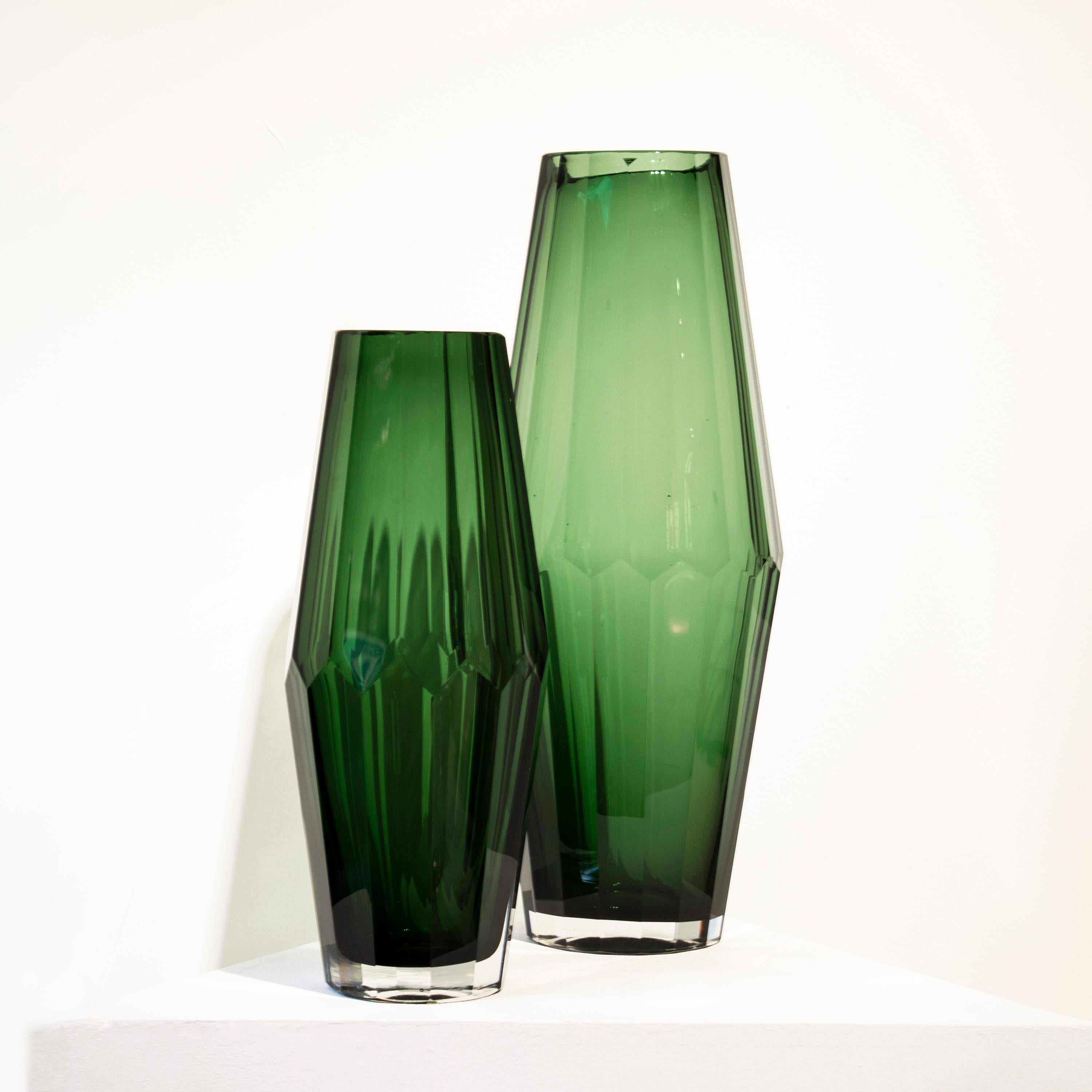 Contemporary Handcrafted Faceted Semi Transparent Green Color Glass Vase, Italy, 2024 For Sale