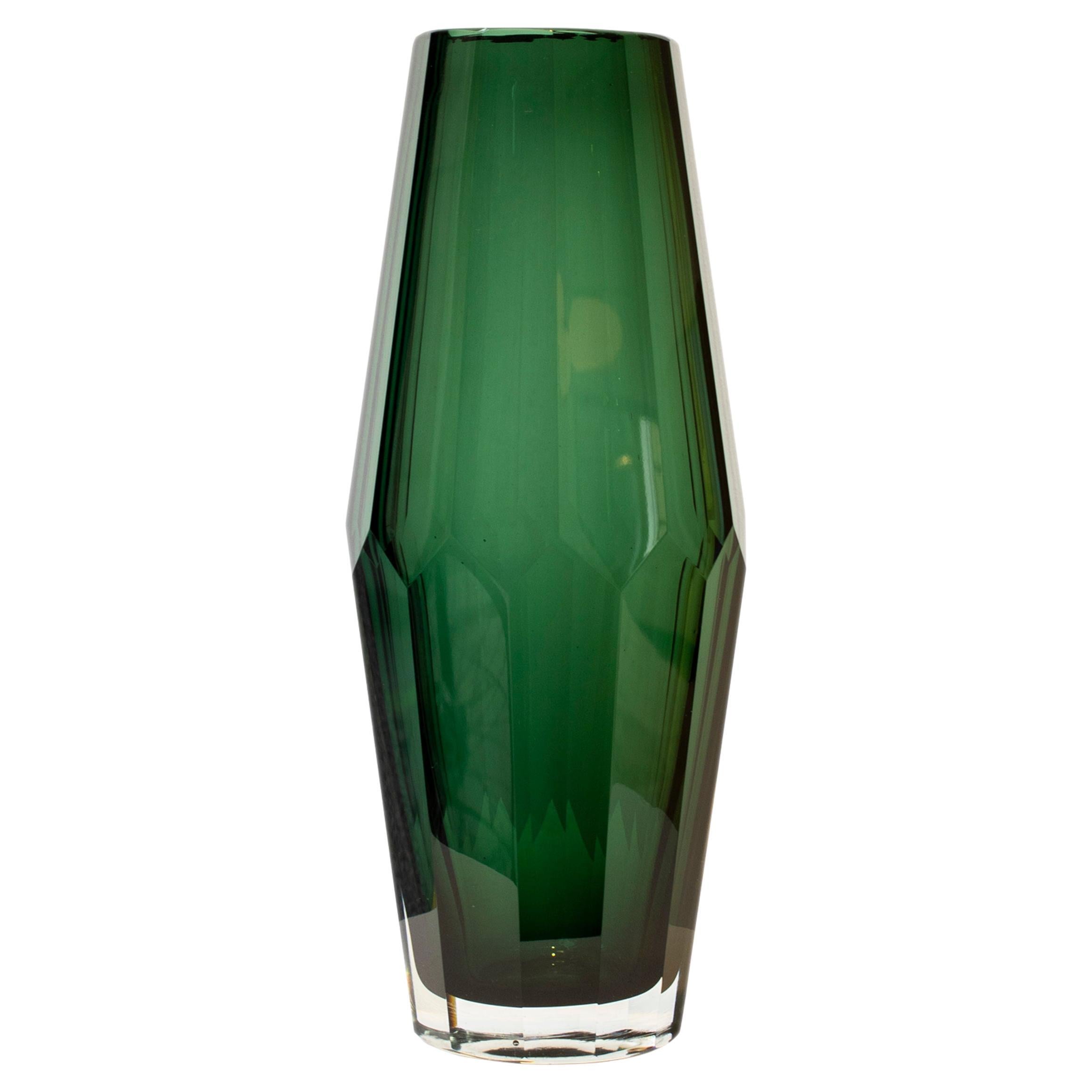 Handcrafted Faceted Semi Transparent Green Color Glass Vase, Italy, 2024