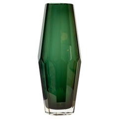 Handcrafted Faceted Semi Transparent Green Color Glass Vase, Italy, 2024