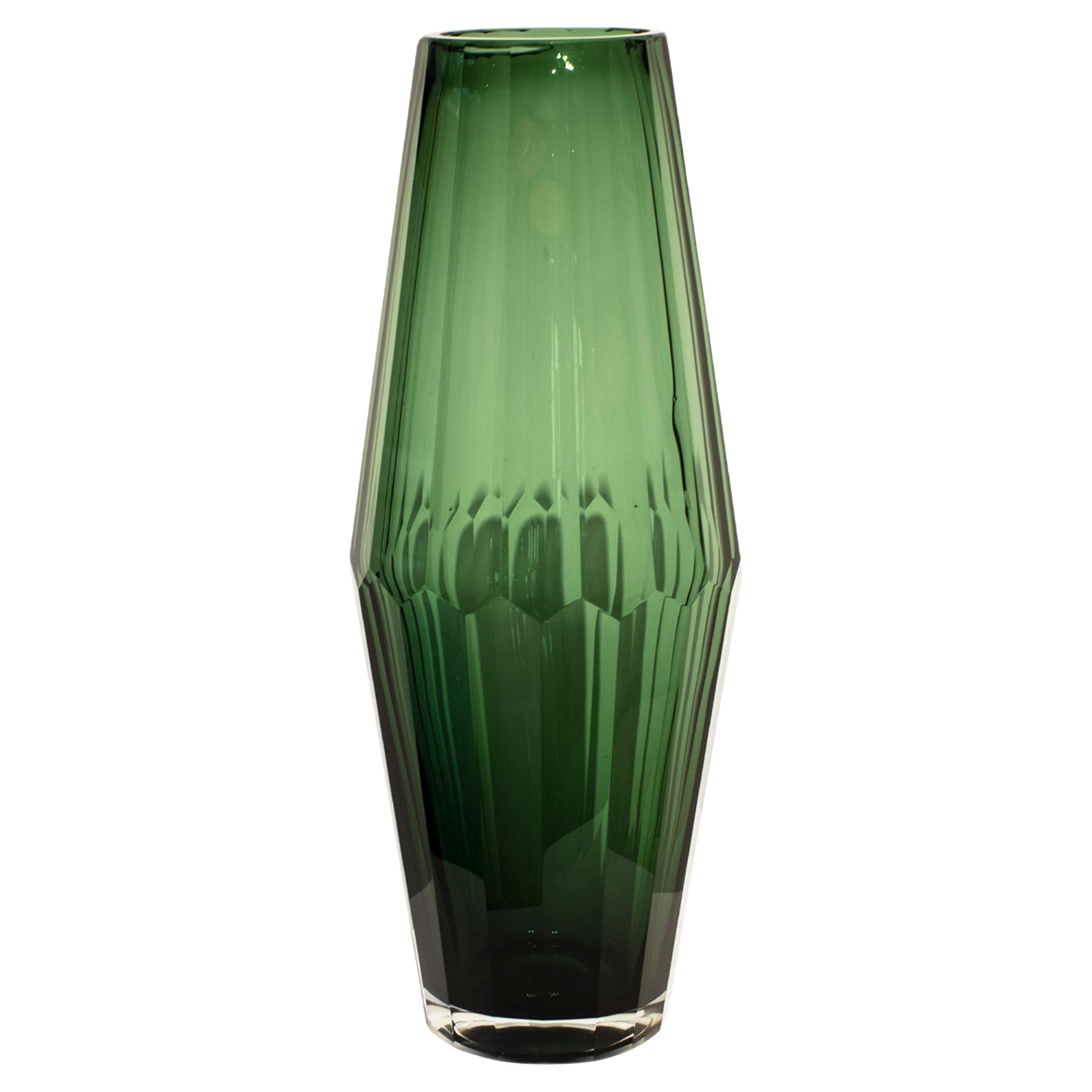 Handcrafted Faceted Semi Transparent Green Color Glass Vase, Italy, 2024
