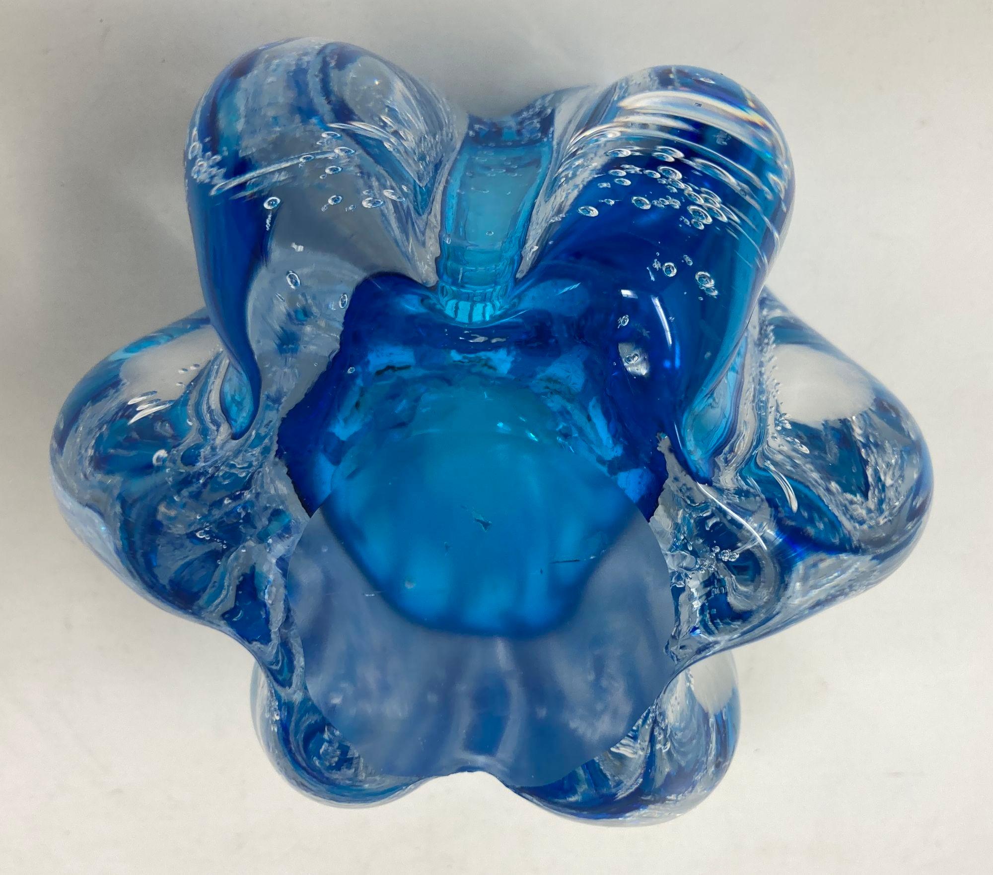 Handcrafted Floriform Blue and Clear Cased Murano Style Art Glass Paperweight For Sale 3