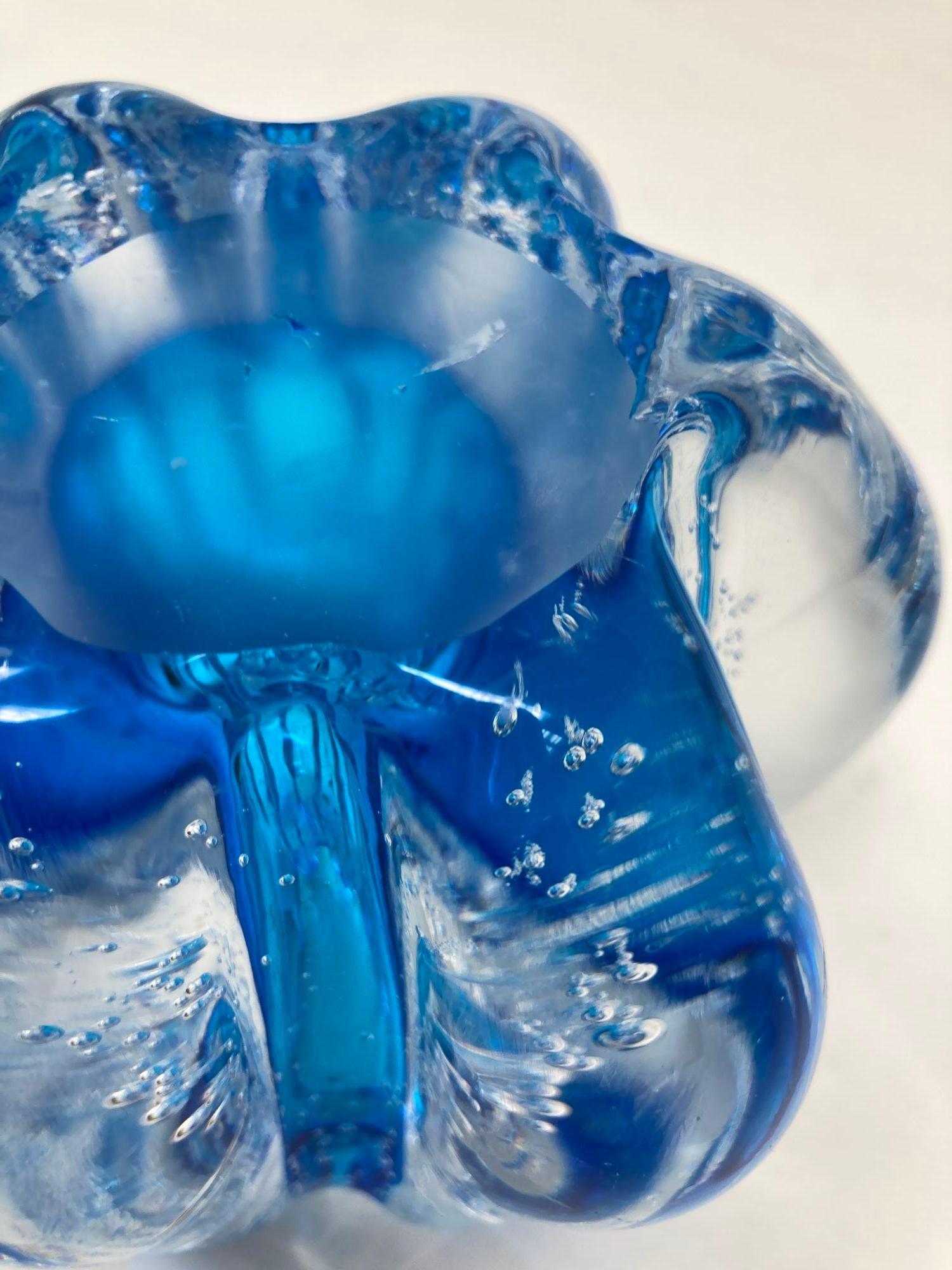 Handcrafted Floriform Blue and Clear Cased Murano Style Art Glass Paperweight For Sale 4