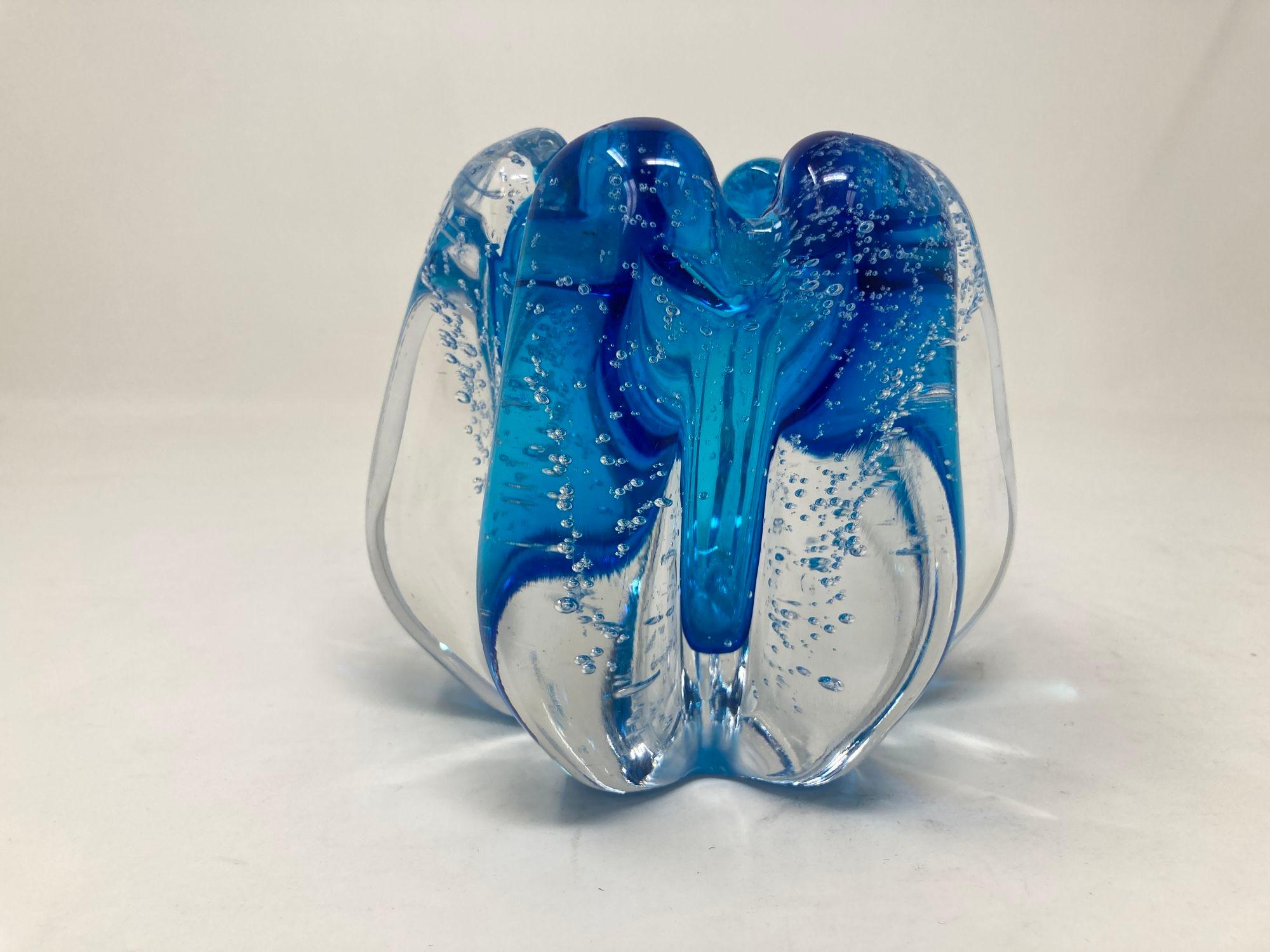 Handcrafted Floriform Blue and Clear Cased Murano Style Art Glass Paperweight For Sale 5