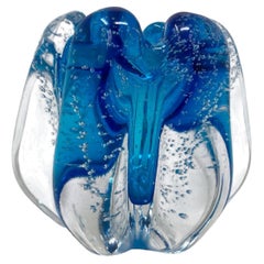 Handcrafted Floriform Blue and Clear Cased Murano Style Art Glass Paperweight