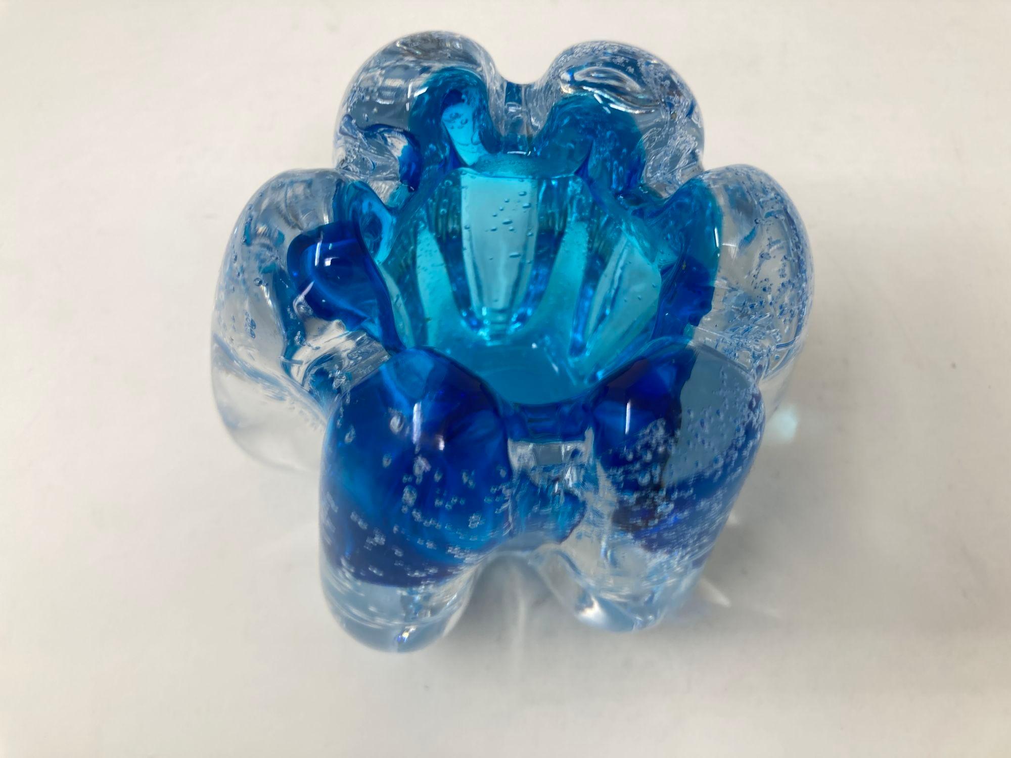 Post-Modern Handcrafted Floriform Blue and Clear Cased Murano Style Art Glass Paperweight For Sale
