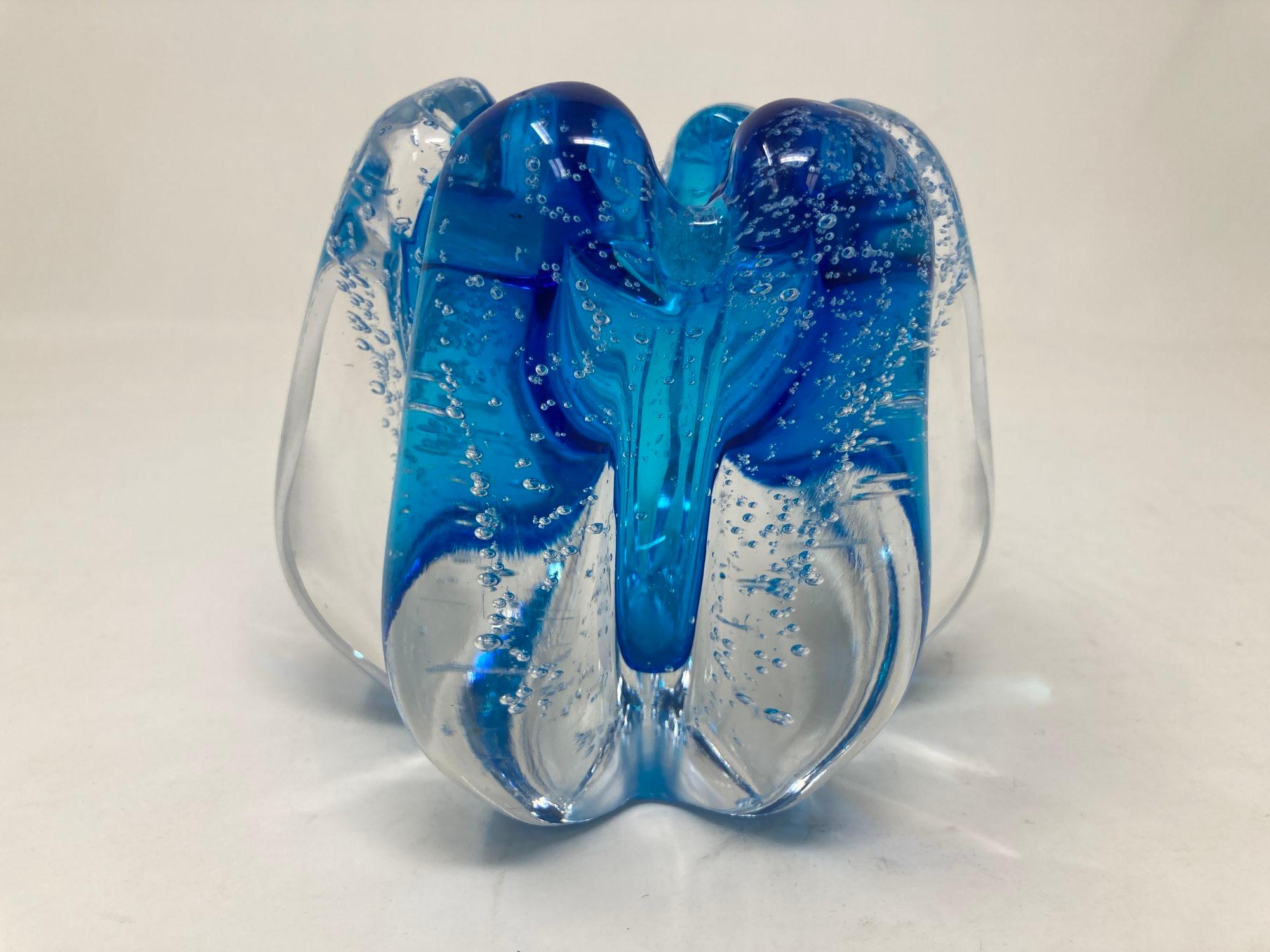 Czech Handcrafted Floriform Blue and Clear Cased Murano Style Art Glass Paperweight For Sale